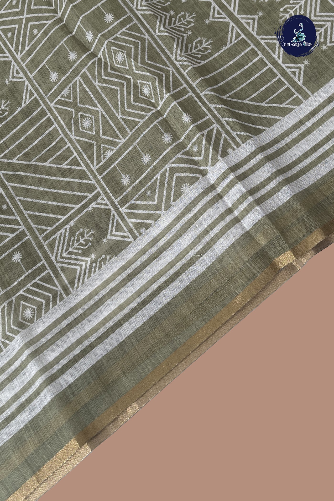 Green Linen Saree With Printed Pattern