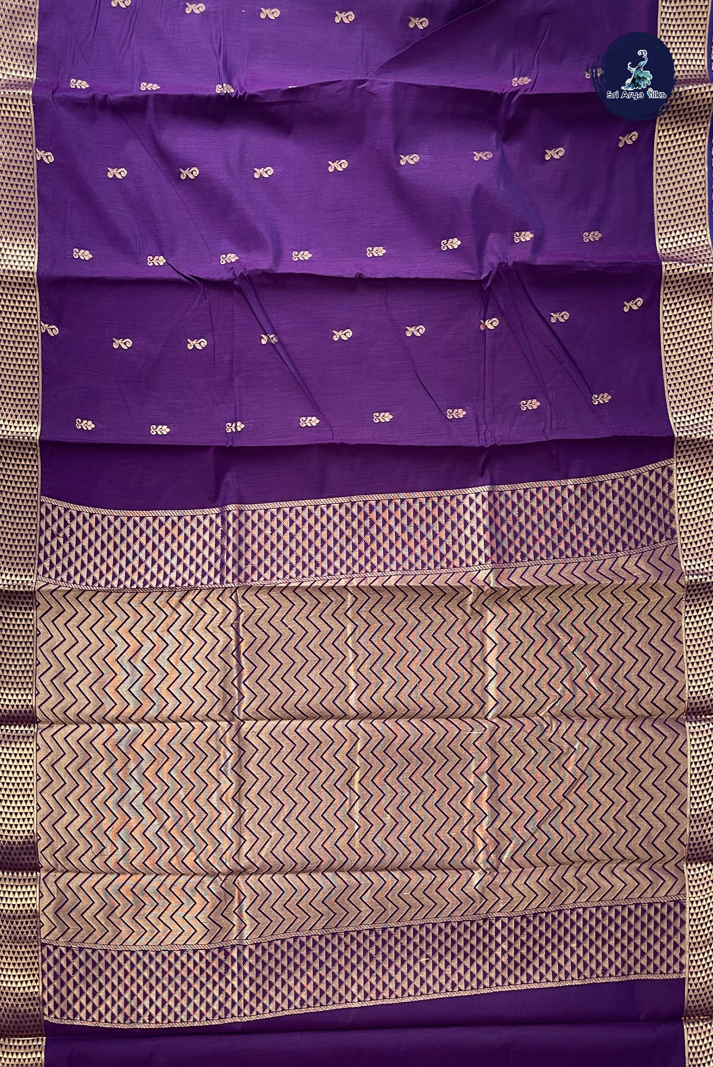 Dark Brinjal Budget Semi Silk Cotton Saree With Zari Buttas Pattern