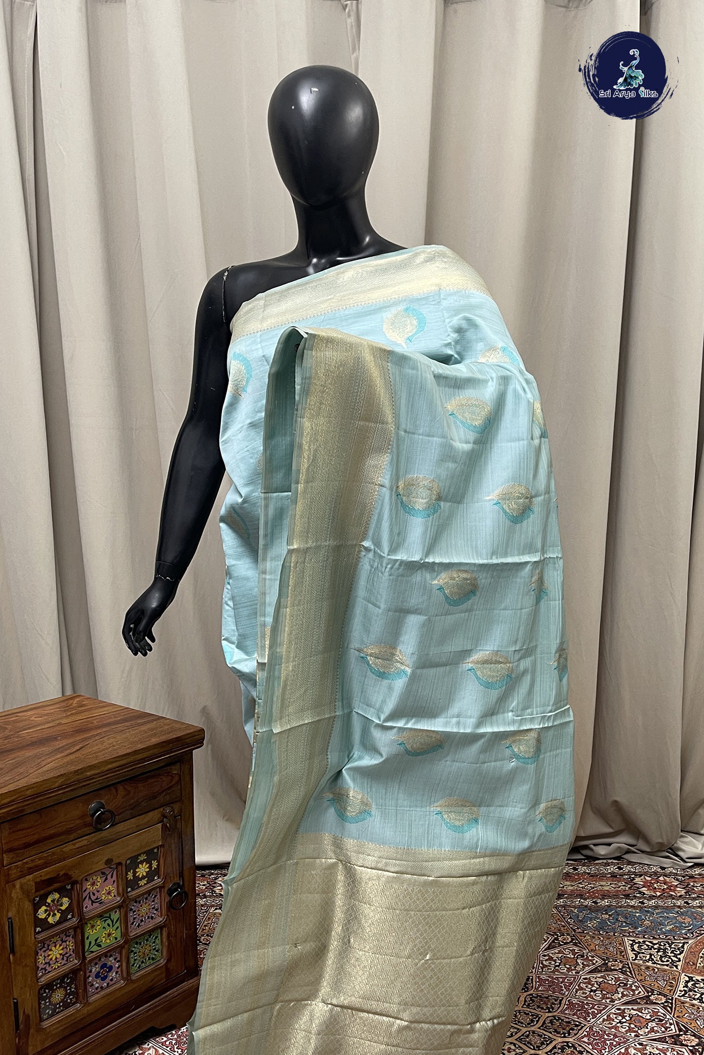 Light Blue Semi Tussar Saree With Buttas Pattern