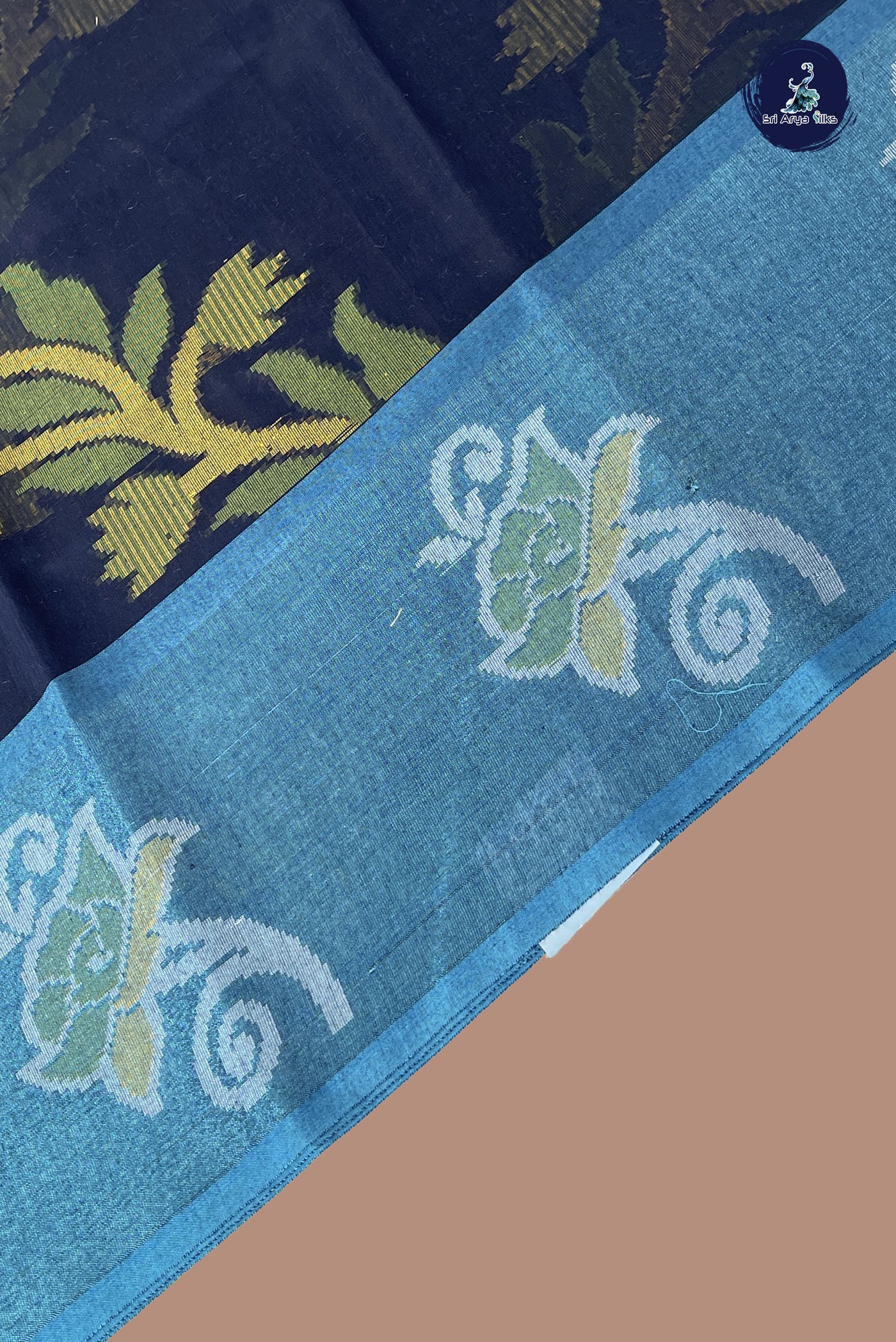Navy Blue Cotton Saree With Ikat Pattern