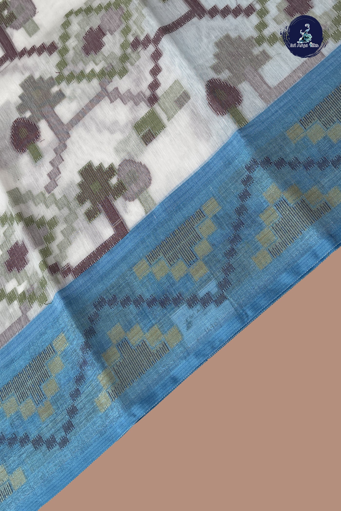 White Cotton Saree With Ikat Pattern