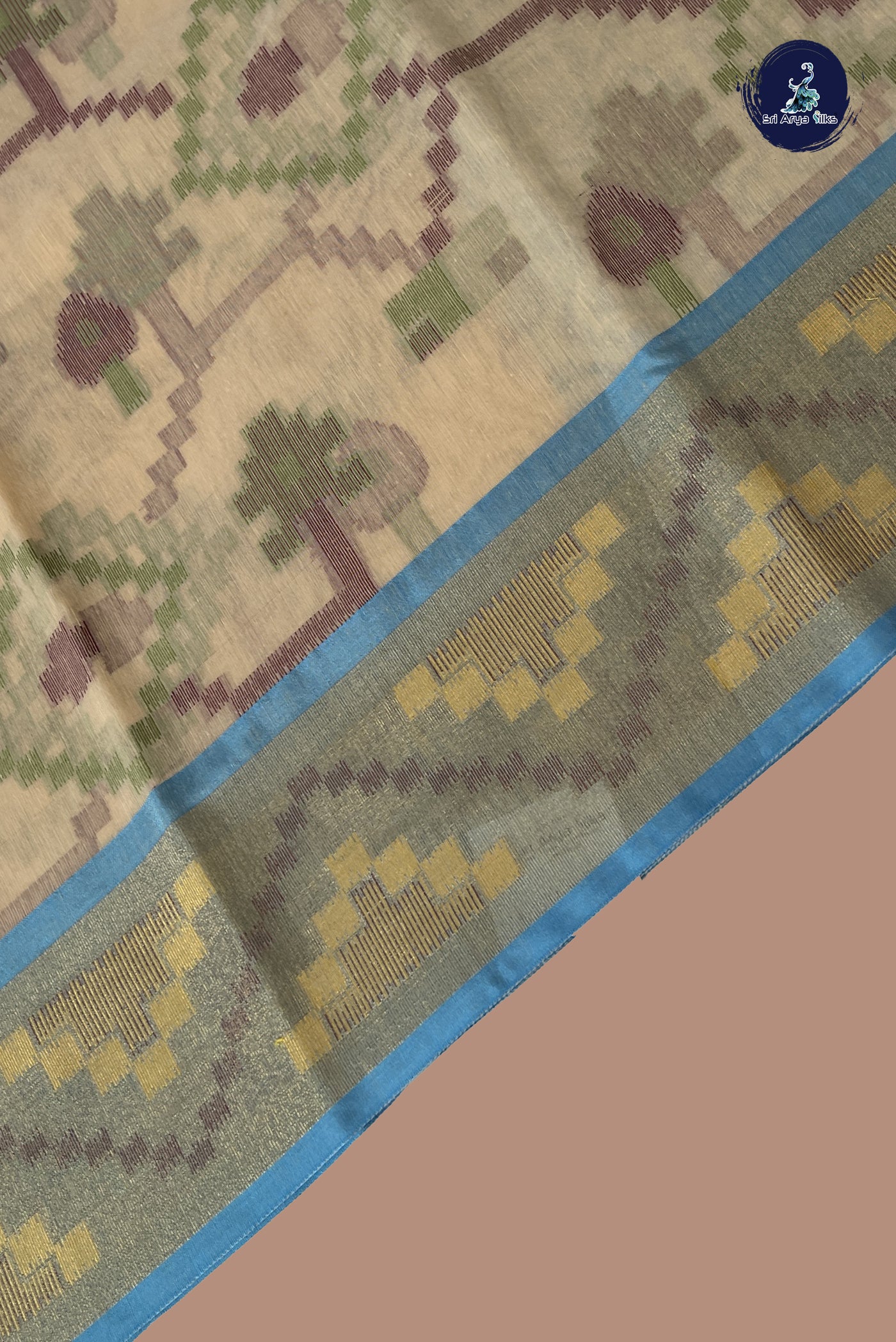 Cream Cotton Saree With Ikat Pattern