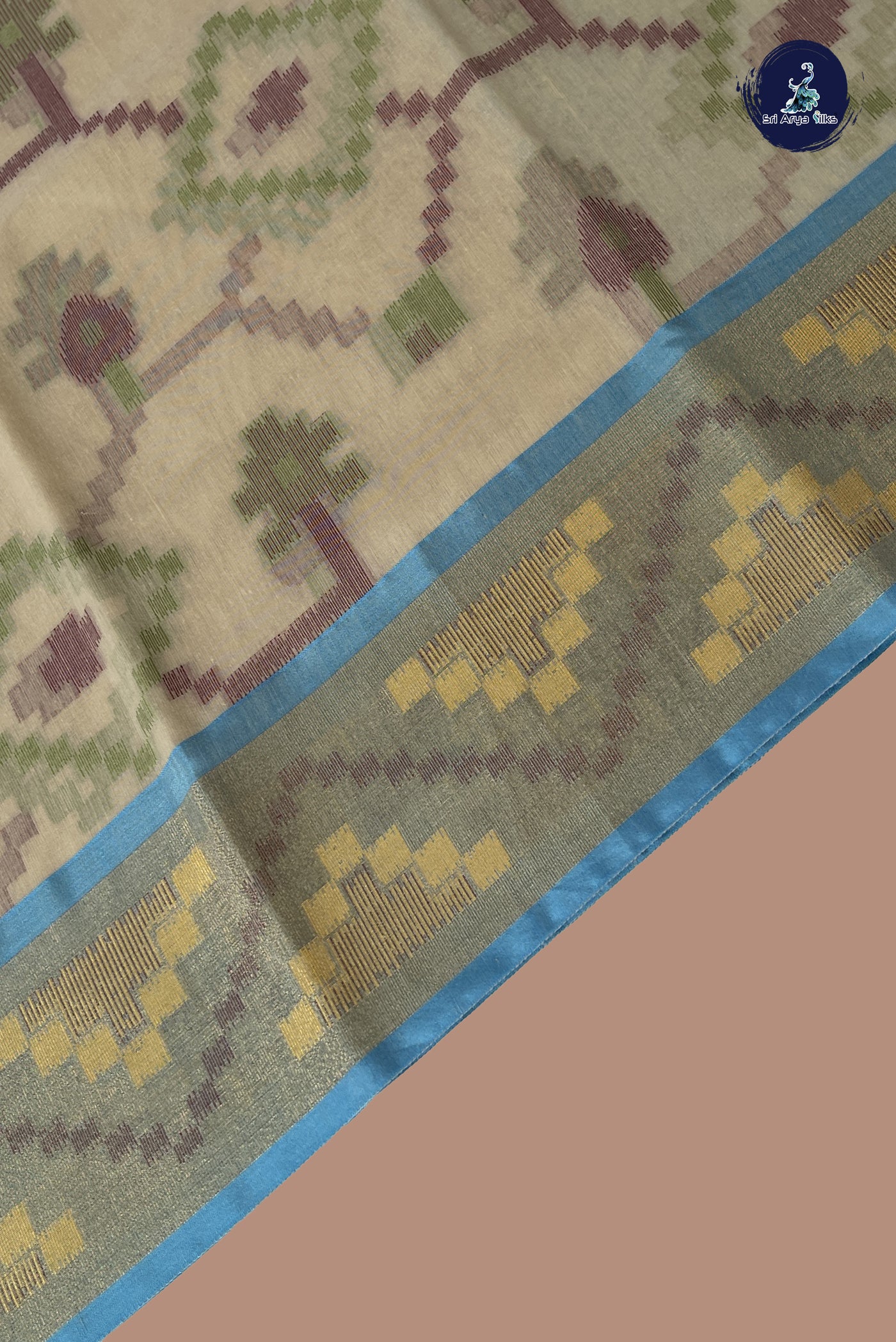 Cream Cotton Saree With Ikat Pattern