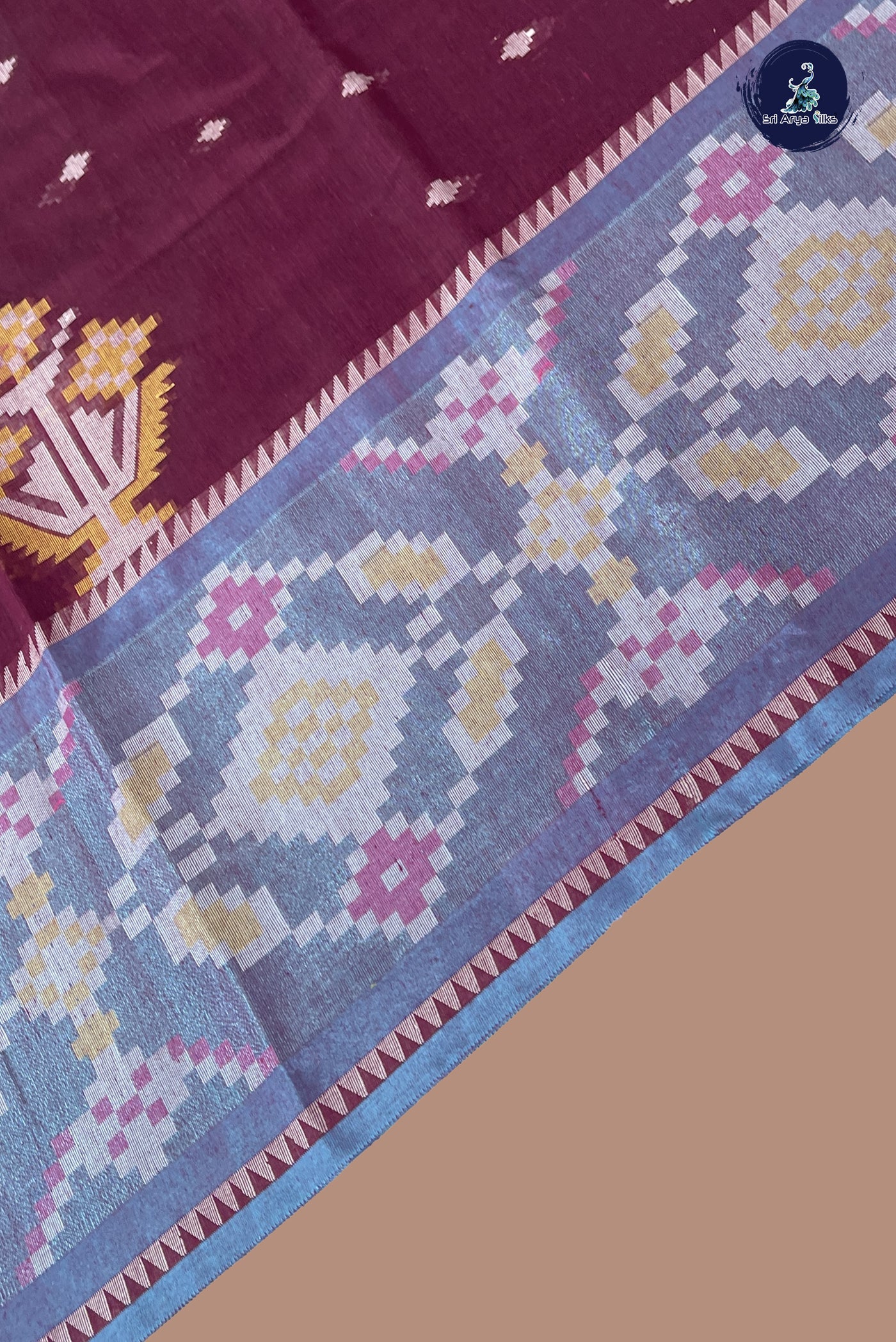 Dual Tone Maroon Cotton Saree With Ikat Pattern