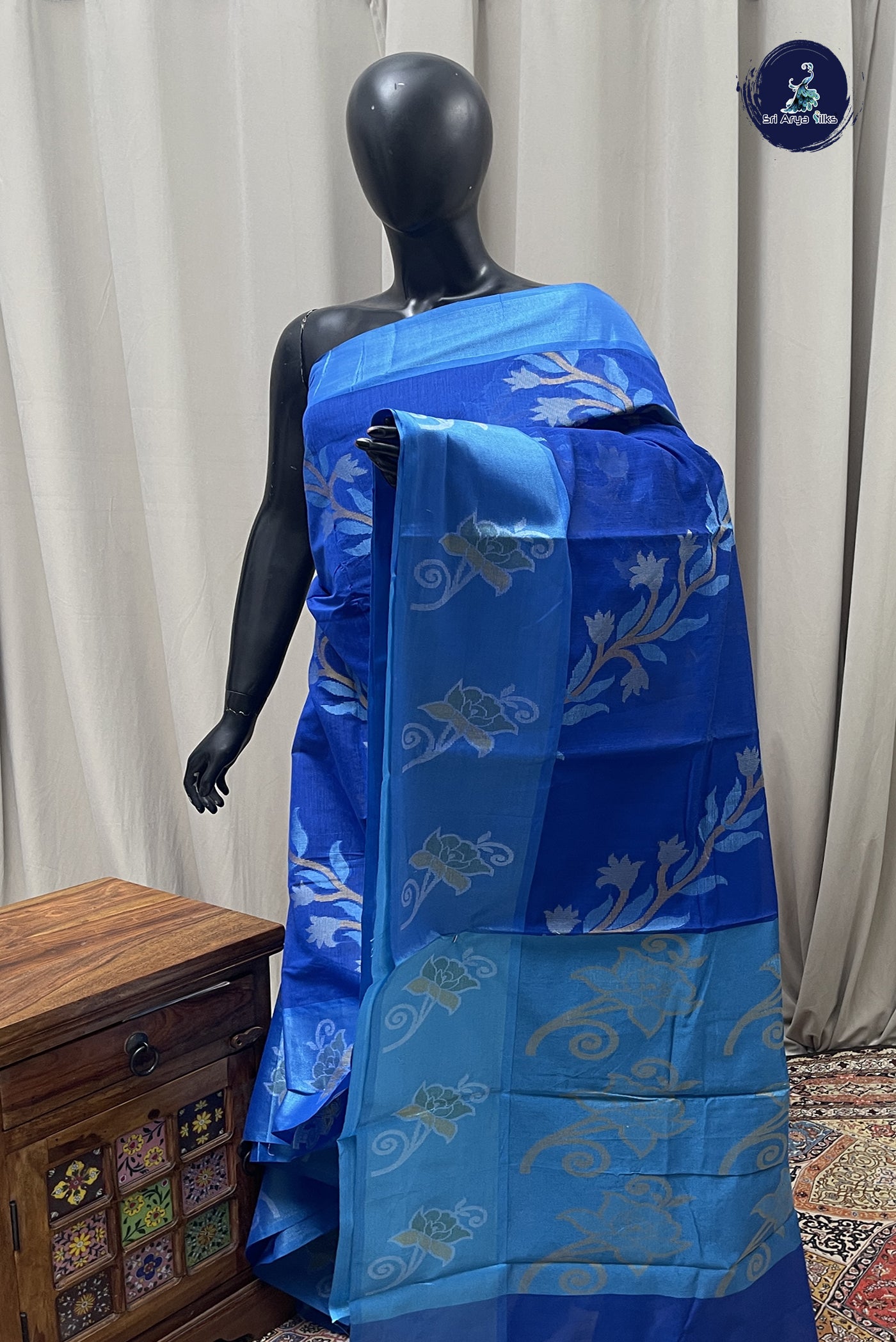 Dark Blue Cotton Saree With Ikat Pattern