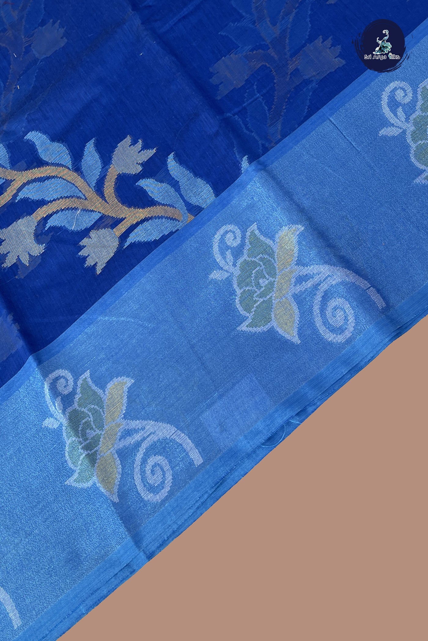 Dark Blue Cotton Saree With Ikat Pattern