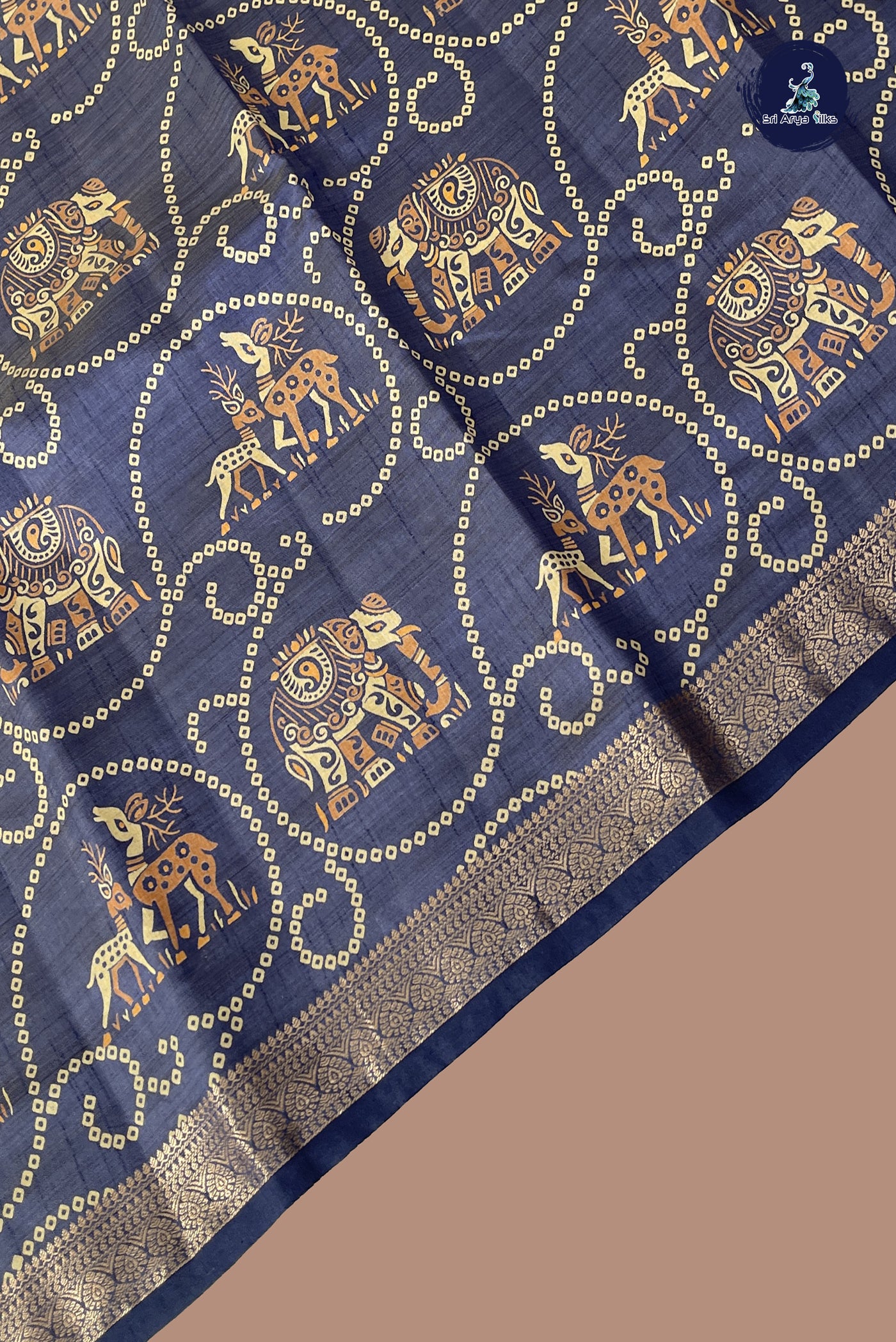 Greyish Blue Semi Tussar Saree With Printed Pattern