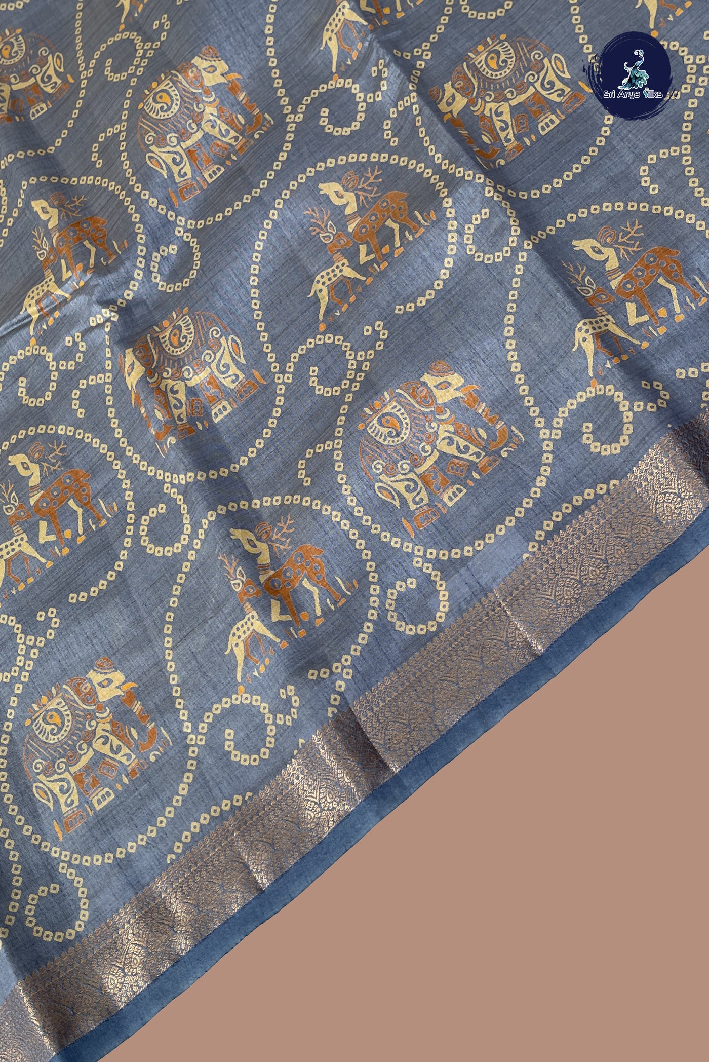 Grey Semi Tussar Saree With Printed Pattern