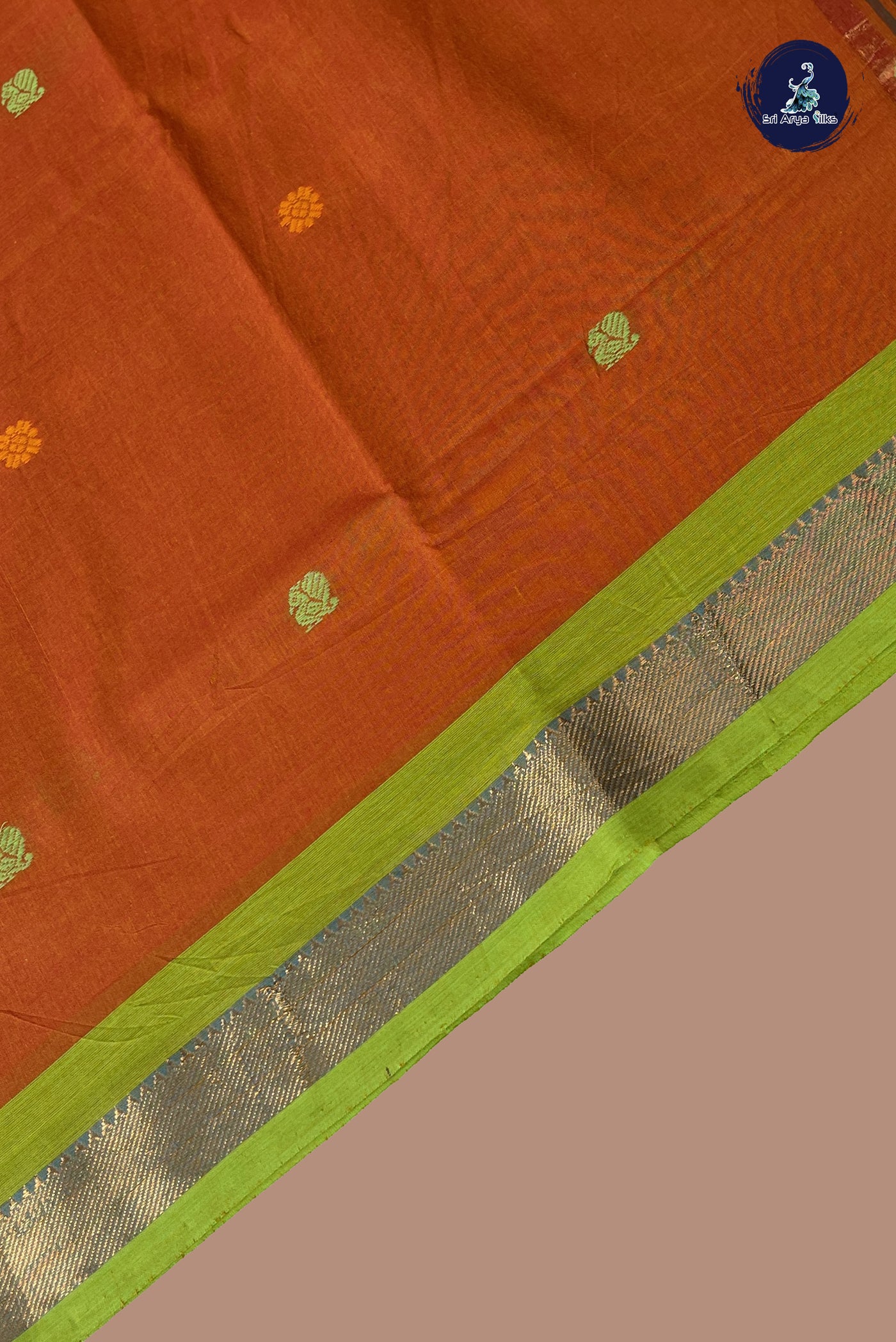 Lite Mustard Orange Kanchi Cotton Saree With Buttas Pattern