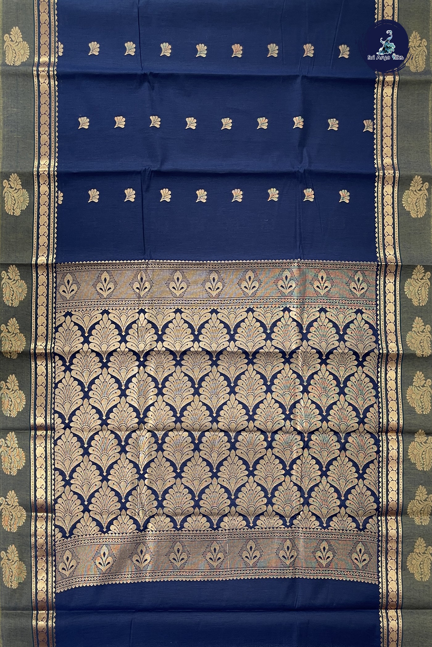 Navy Blue Budget Semi Silk Cotton Saree With Zari Buttas Pattern
