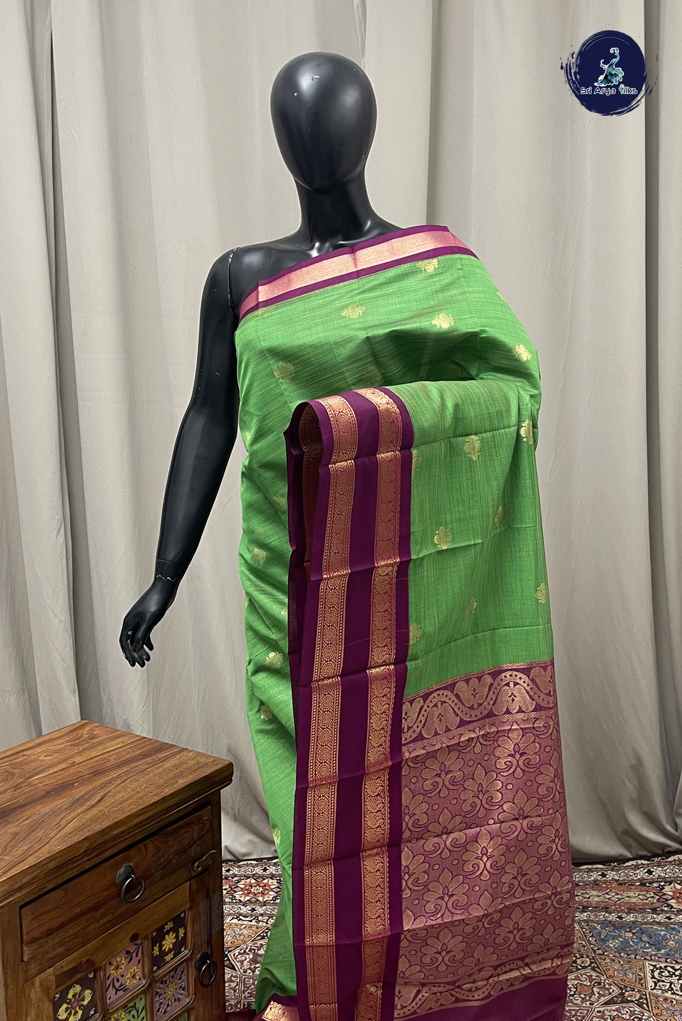 Green Budget Semi Silk Cotton Saree With Zari Buttas Pattern