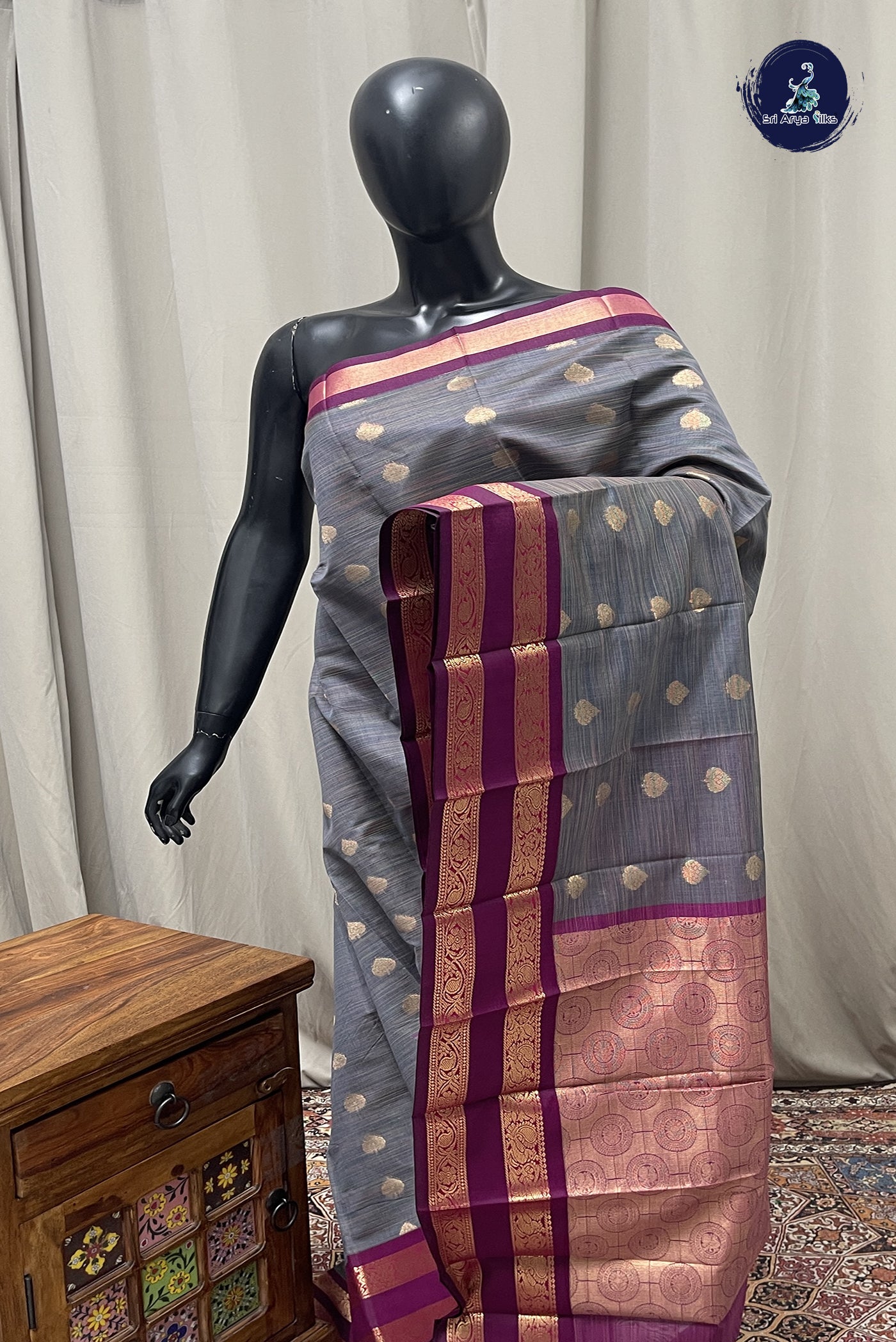 Greyish Blue Budget Semi Silk Cotton Saree With Zari Buttas Pattern