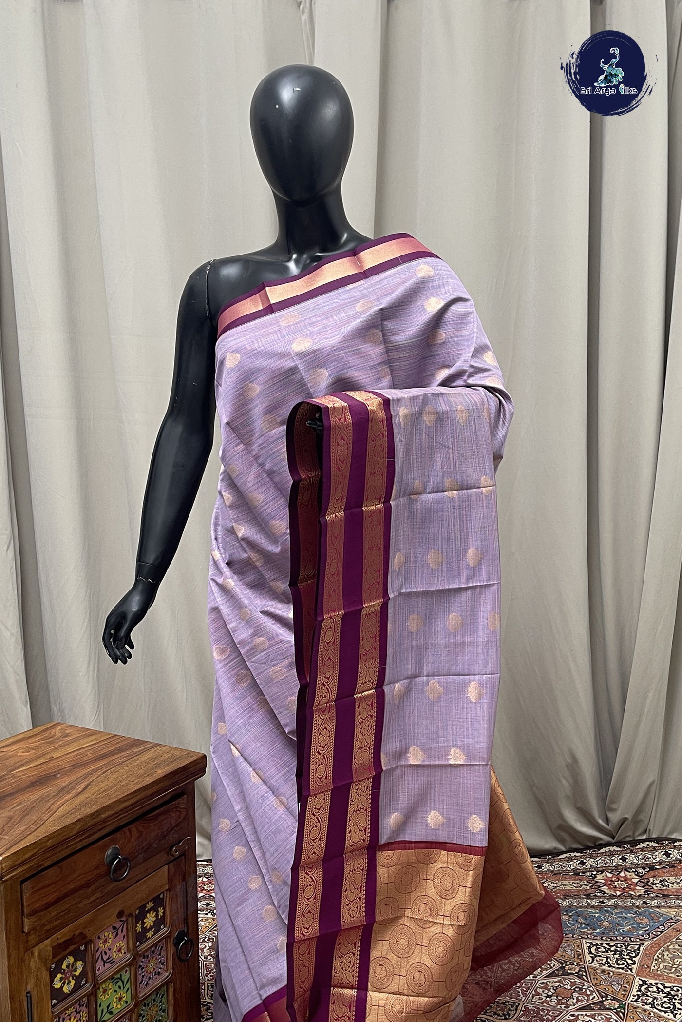 Lavender Budget Semi Silk Cotton Saree With Zari Buttas Pattern