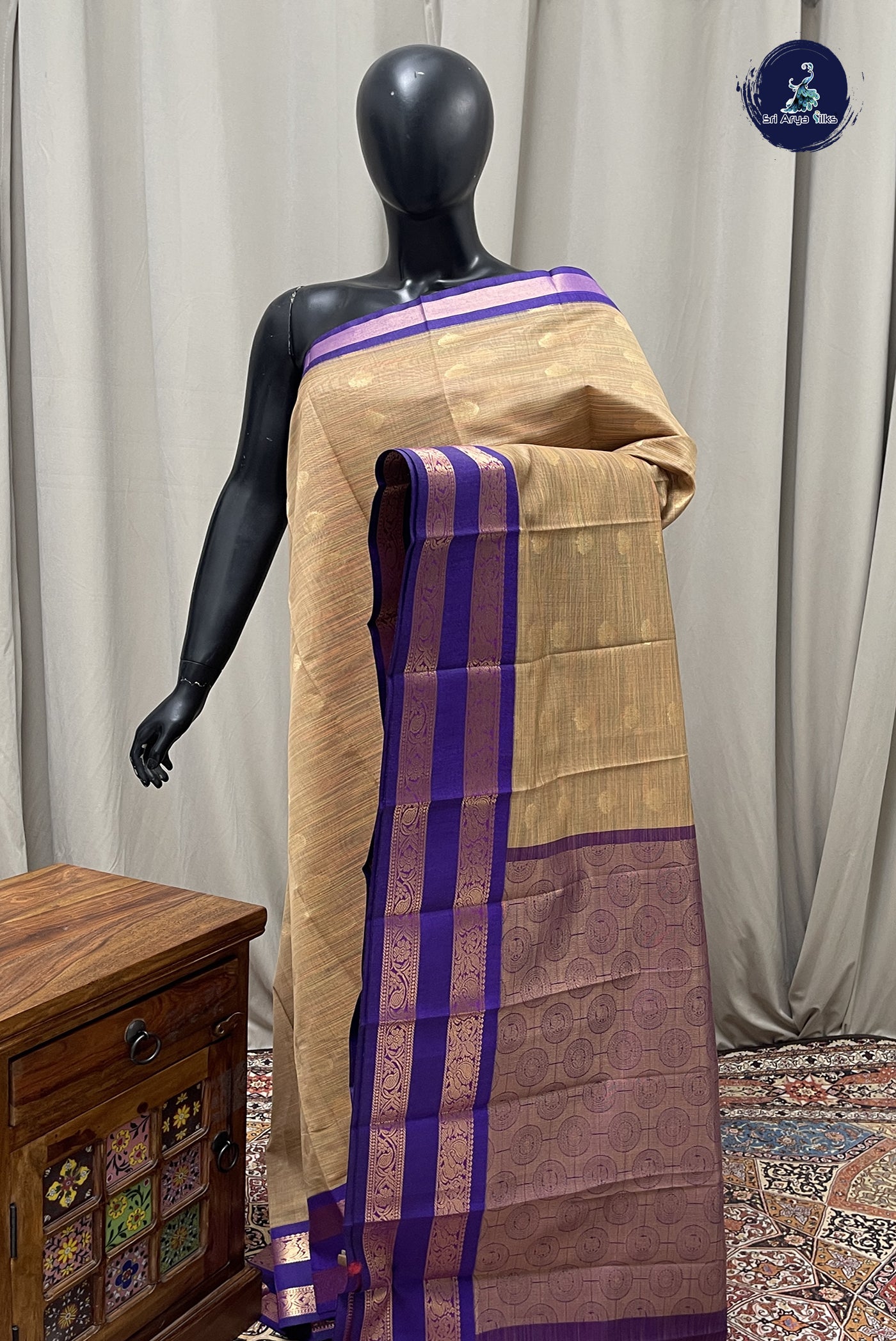 Beige Budget Semi Silk Cotton Saree With Zari Buttas Pattern