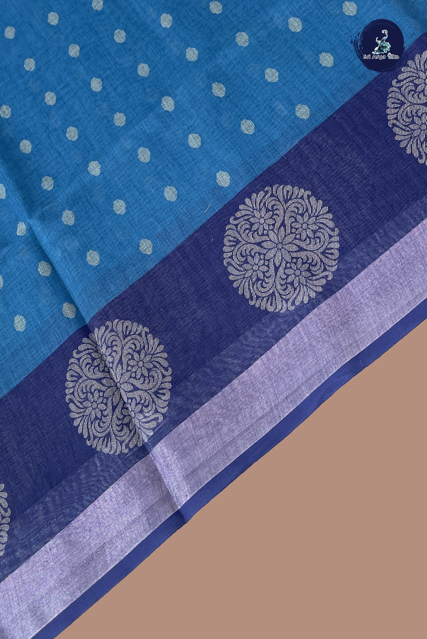 Copper Sulphate Blue Linen Saree With Printed Pattern