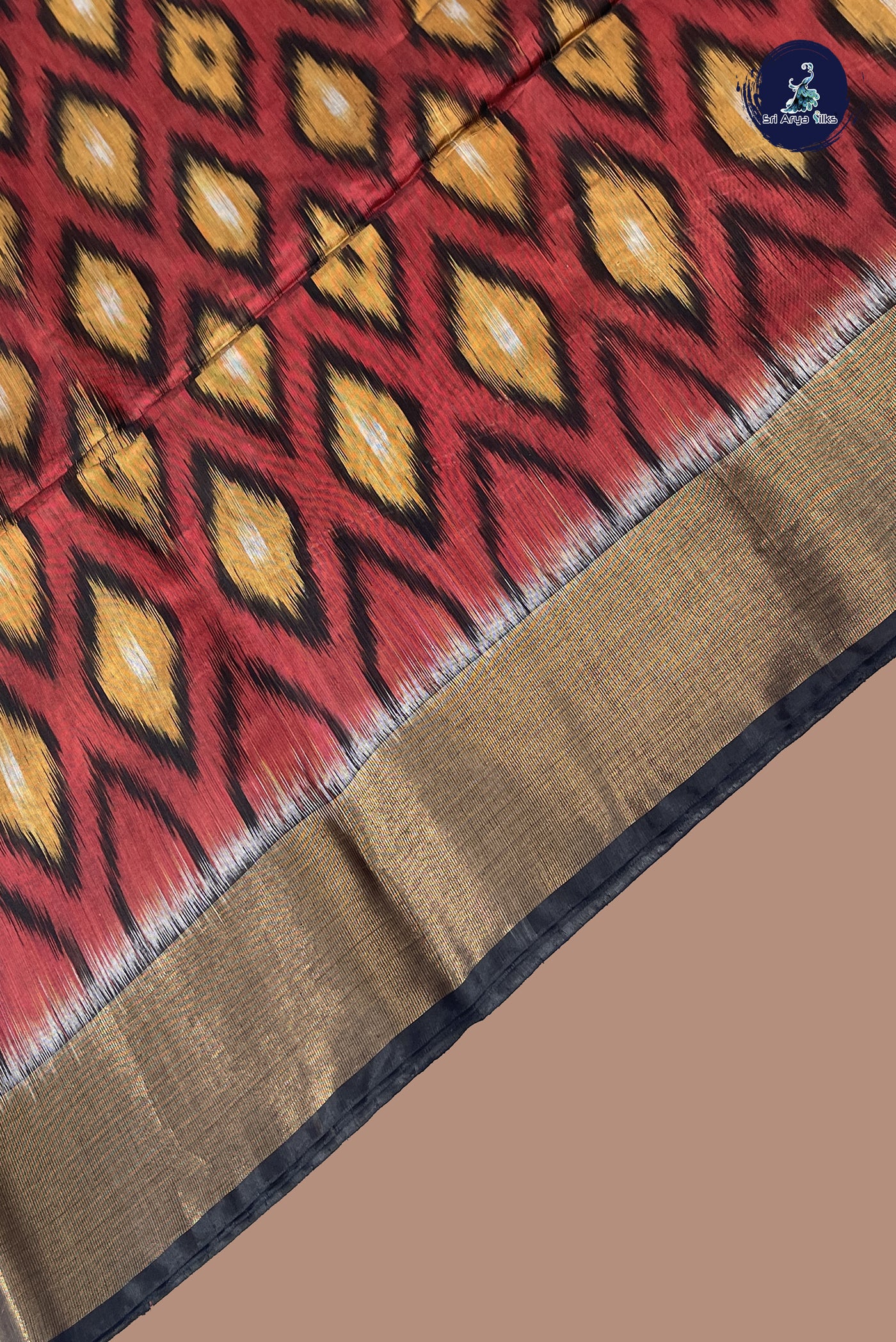 Maroon Chanderi Silk Cotton Saree With Ikat Pattern