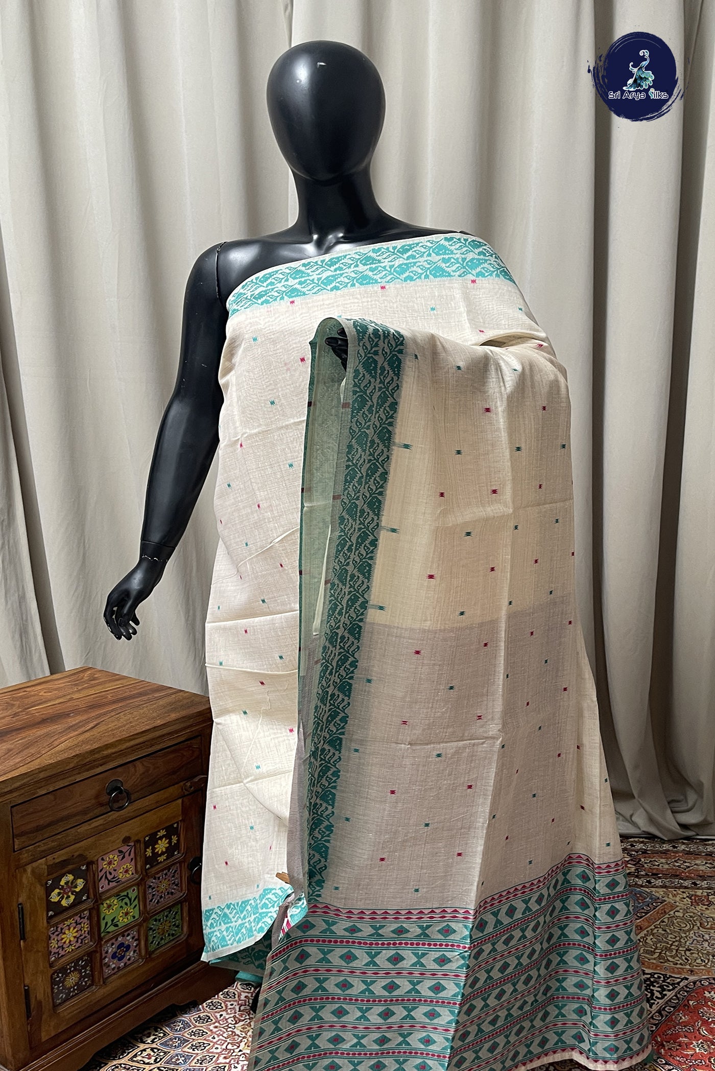 Ivory Cotton Saree With Buttas Pattern