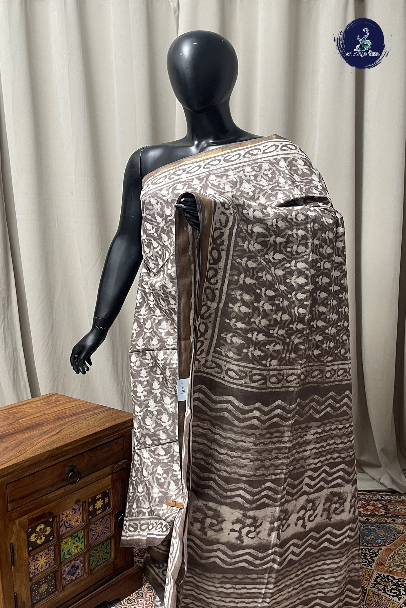 Light Brown Semi Chanderi Saree With Printed Pattern