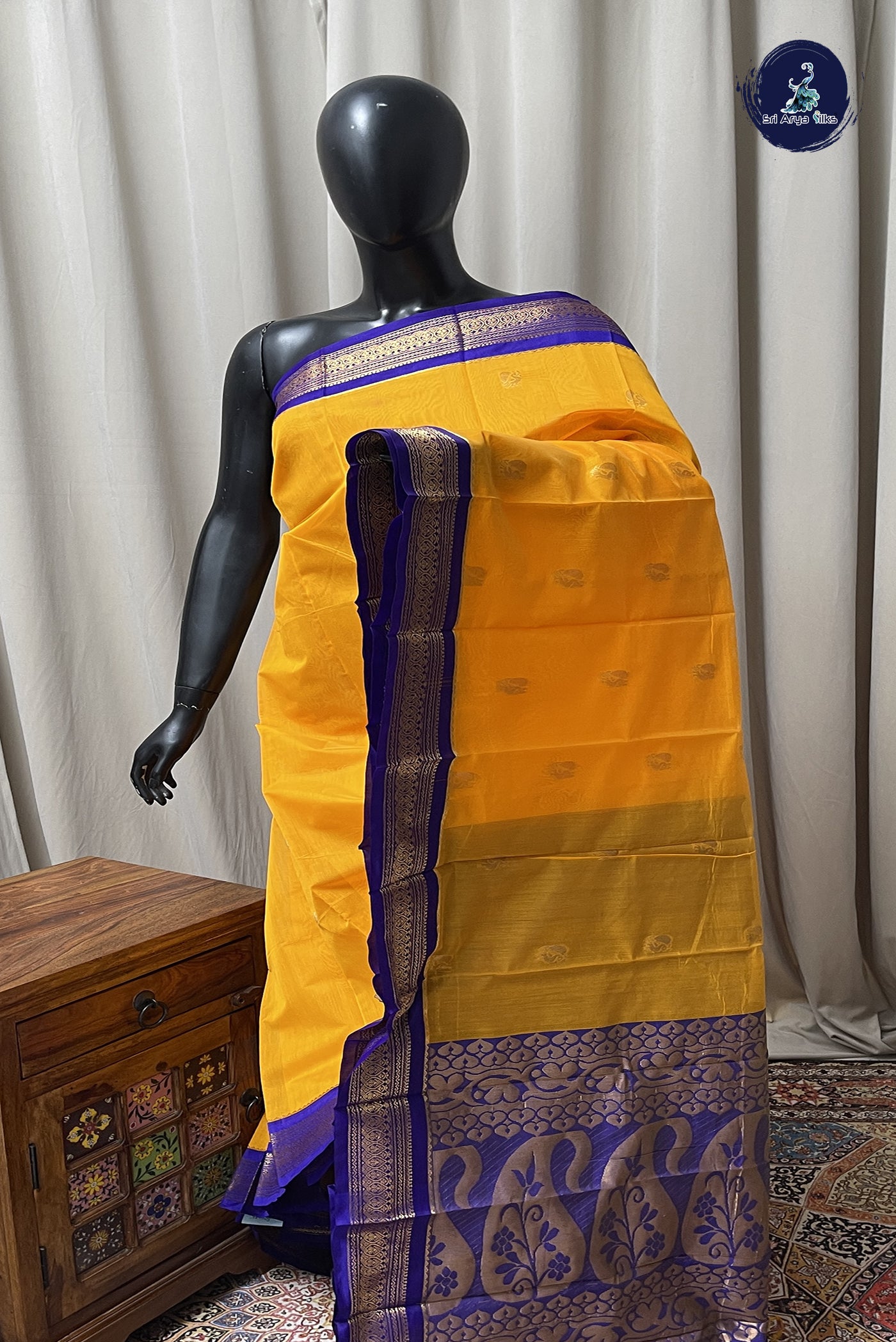 Mango Yellow Budget Semi Silk Cotton Saree With Zari Buttas Pattern