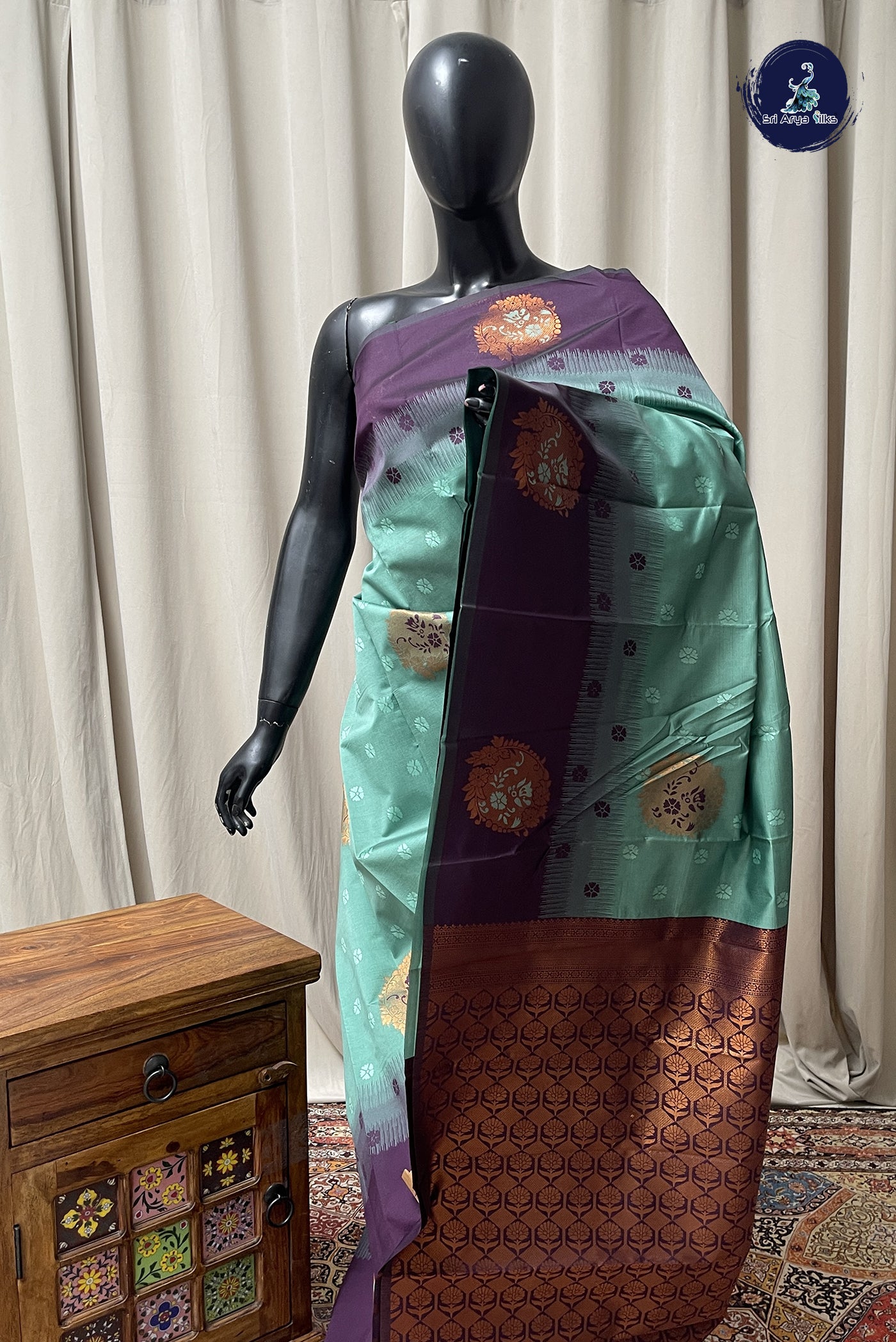 Green Budget Semi Silk Cotton Saree With Buttas Pattern