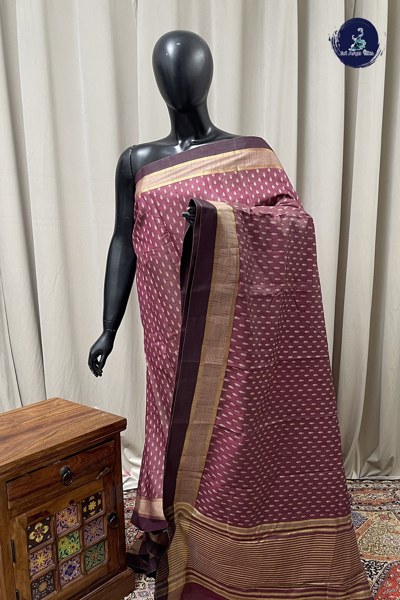 Dual Tone Brown Semi Tussar Saree With Printed Pattern
