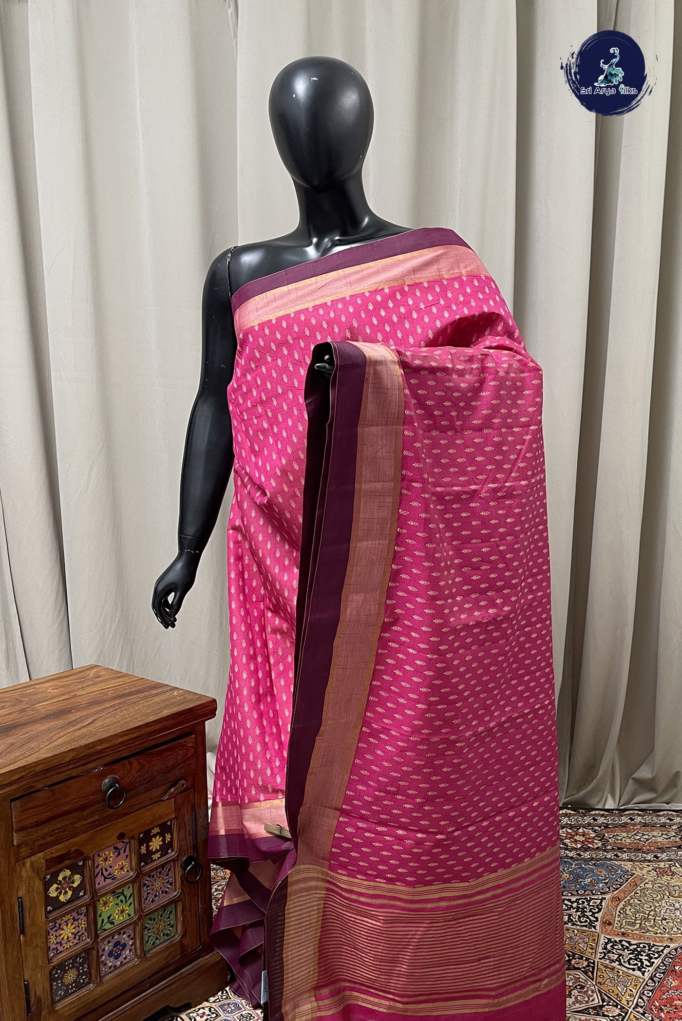 Dark Pink Semi Tussar Saree With Printed Pattern