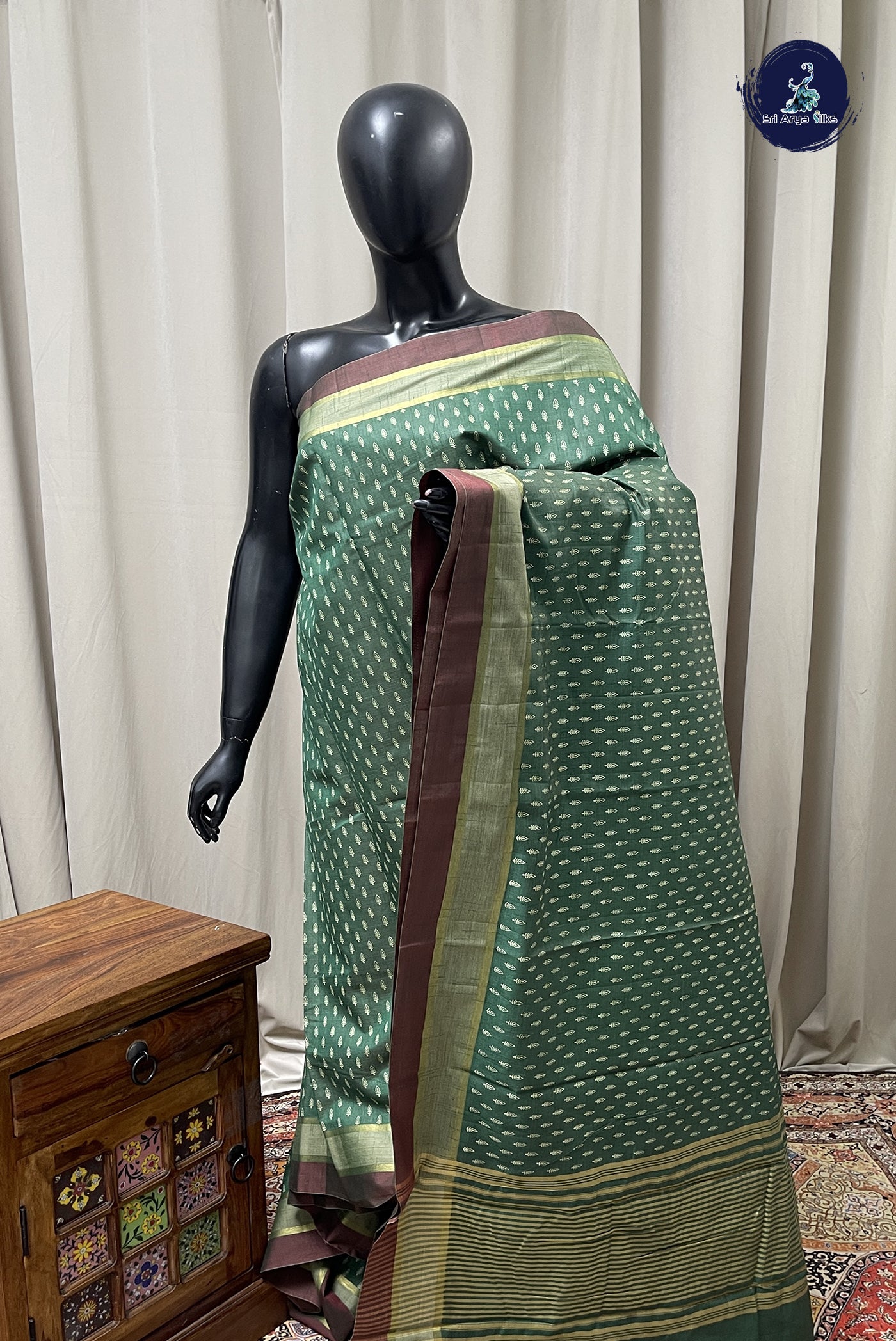 Green Semi Tussar Saree With Printed Pattern