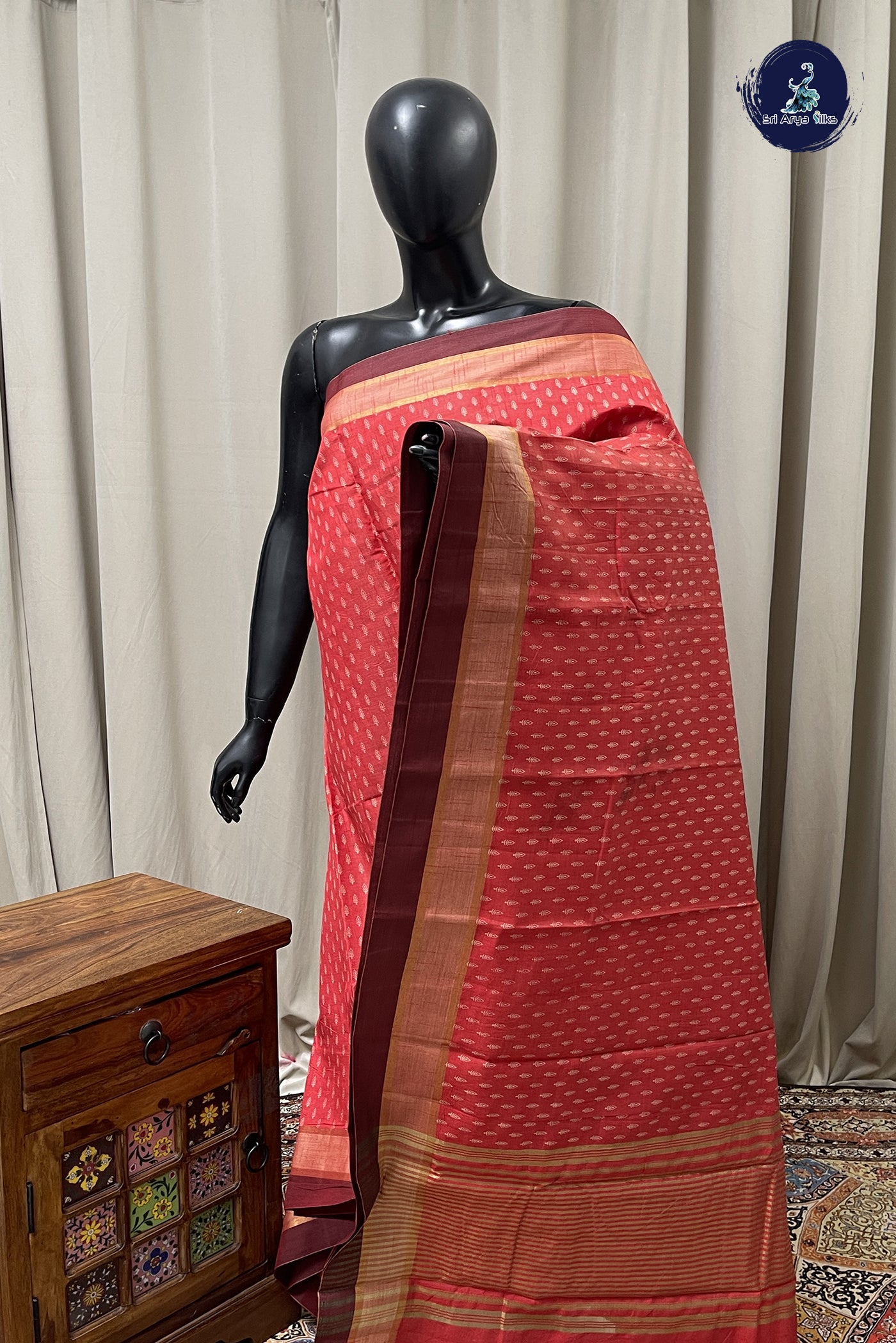 Red Semi Tussar Saree With Printed Pattern