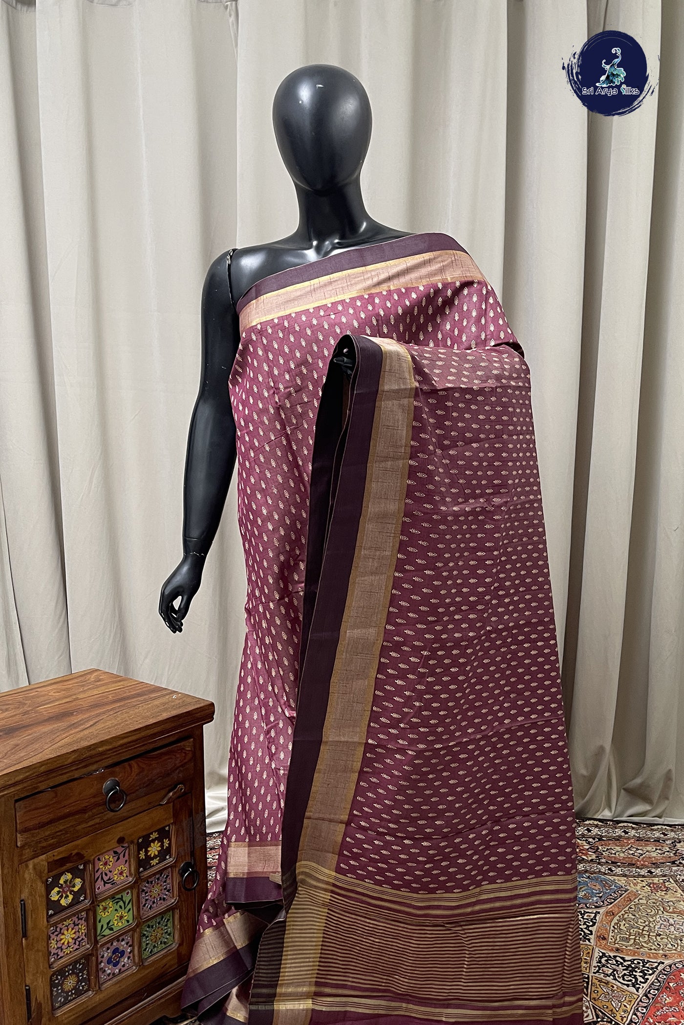 Dual Tone Brown Semi Tussar Saree With Printed Pattern