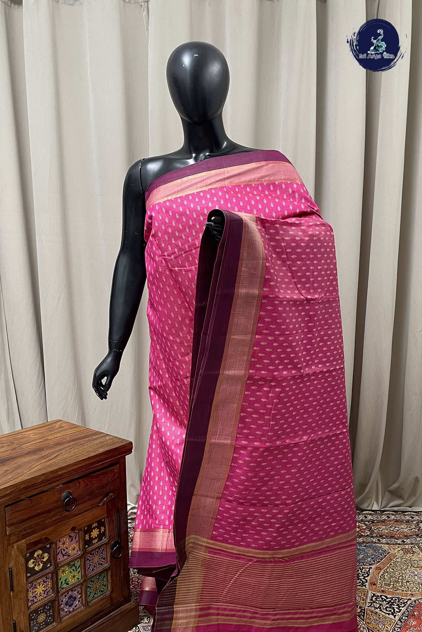 Dark Pink Semi Tussar Saree With Printed Pattern