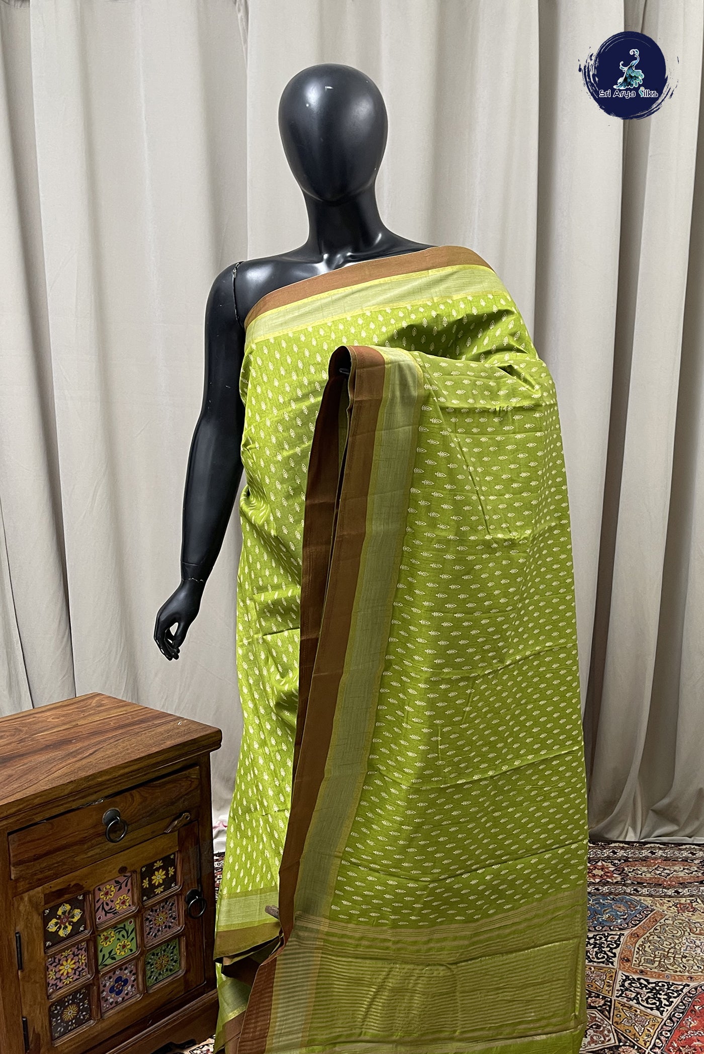 Lime Green Semi Tussar Saree With Printed Pattern
