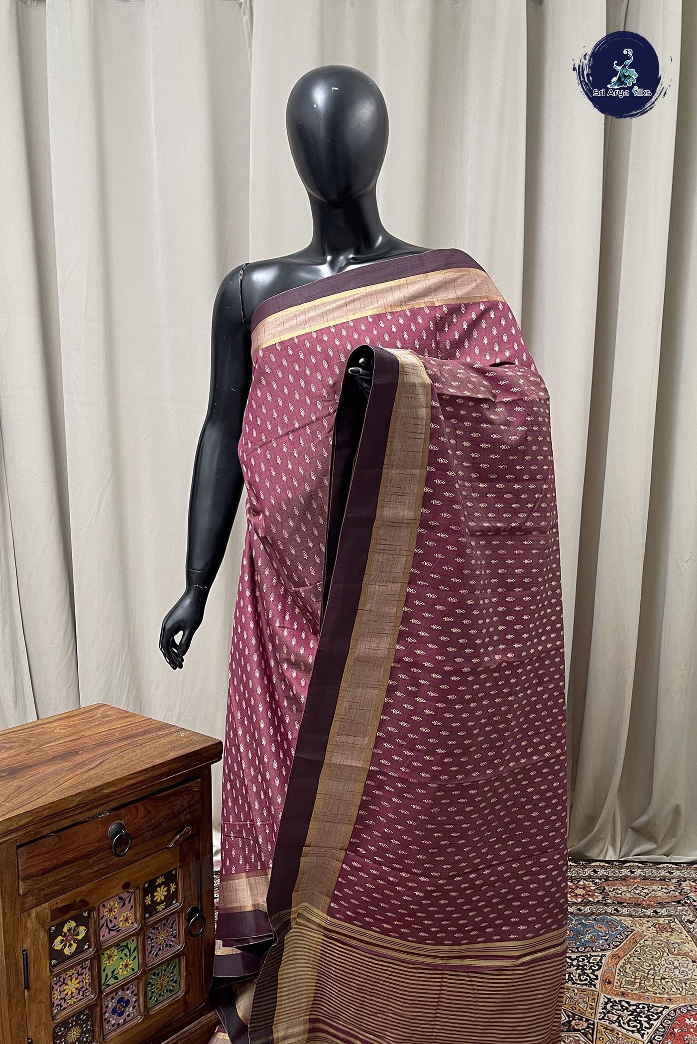 Dual Tone Brown Semi Tussar Saree With Printed Pattern