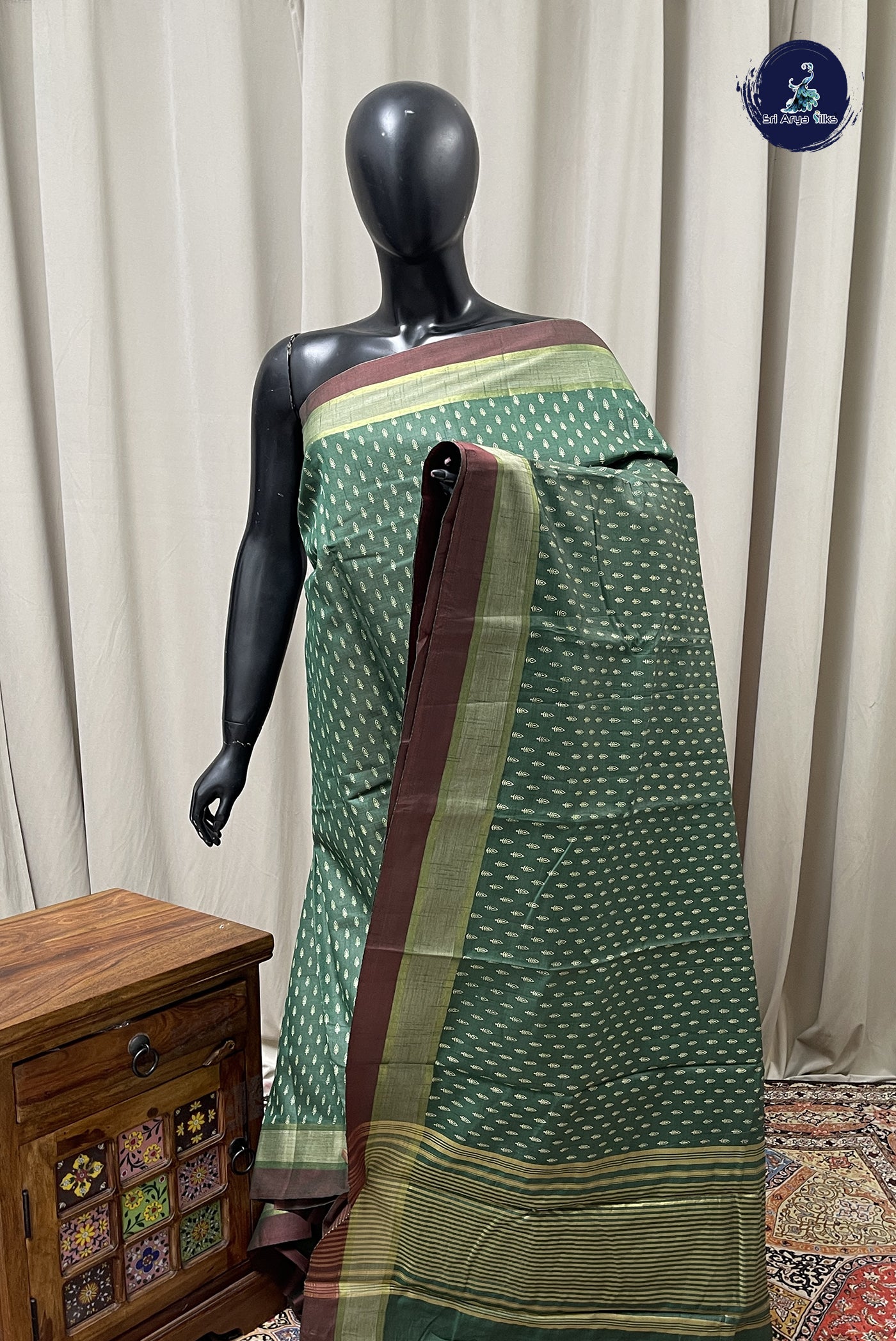 Green Semi Tussar Saree With Printed Pattern