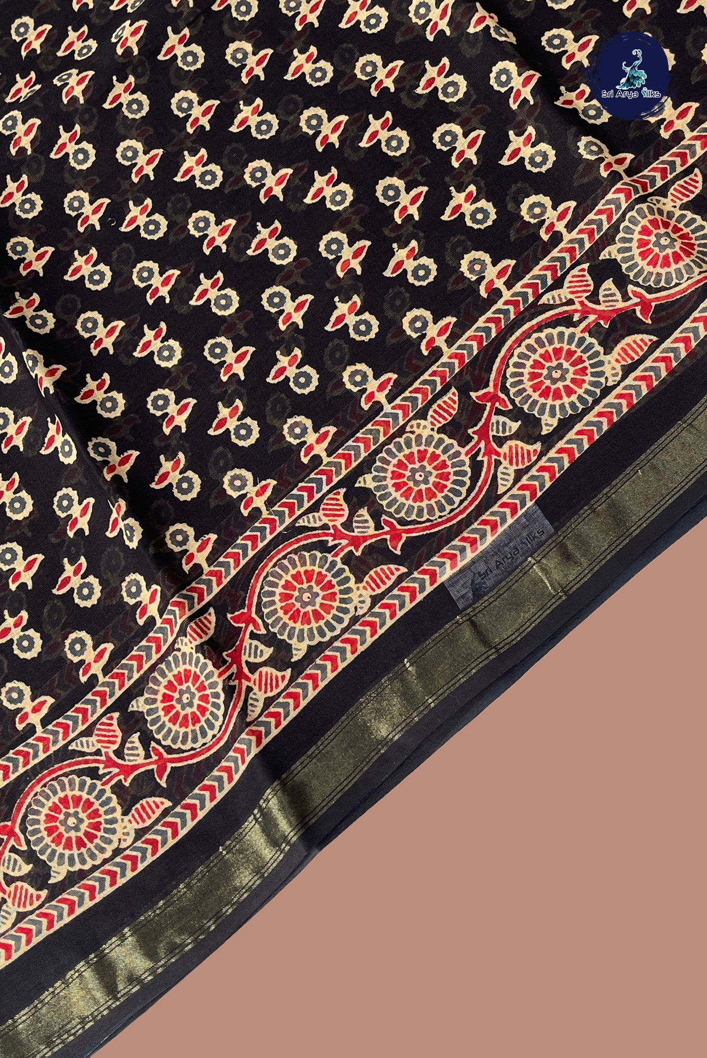 Black Cotton Saree With Printed Pattern