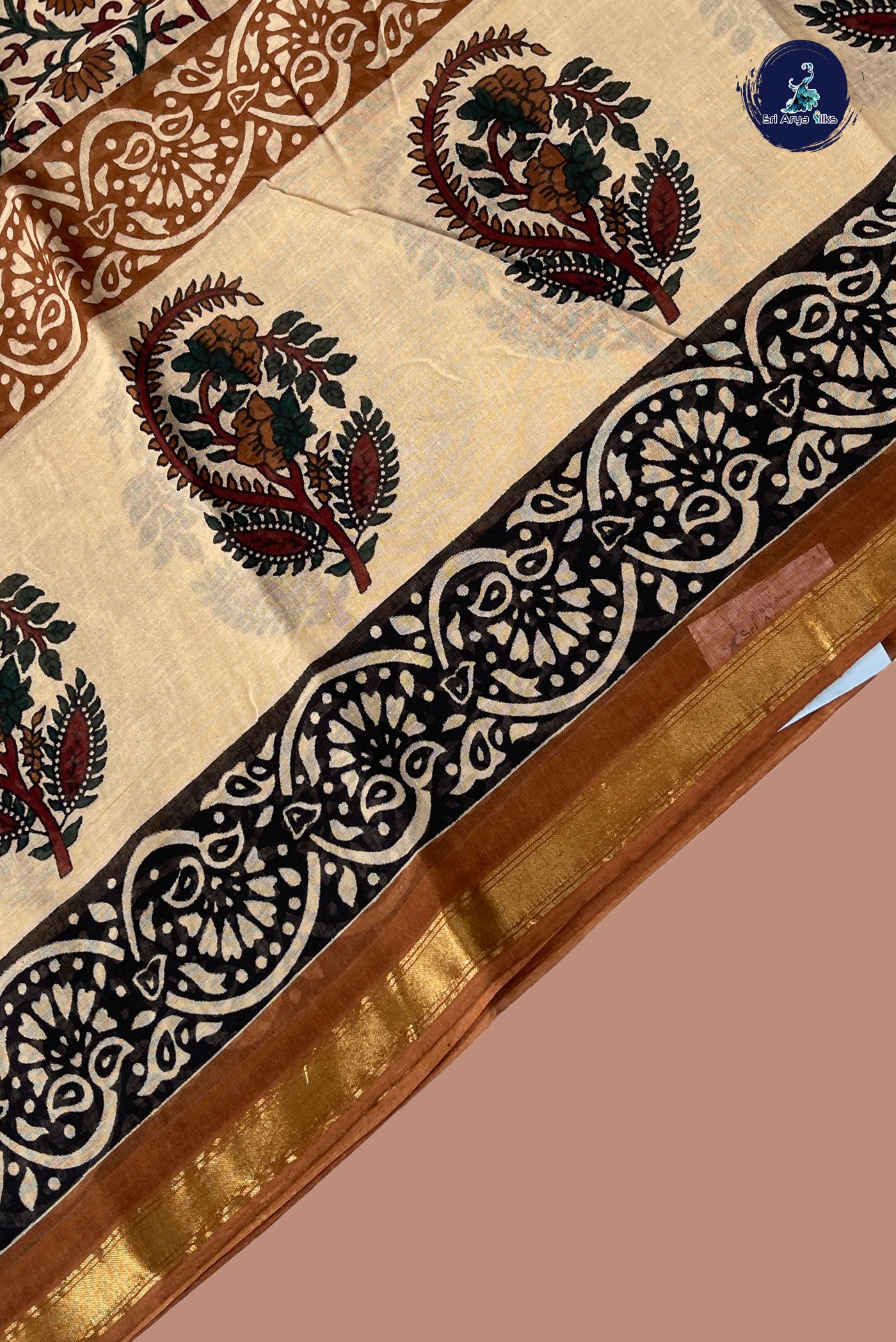 Fawn Cotton Saree With Printed Pattern