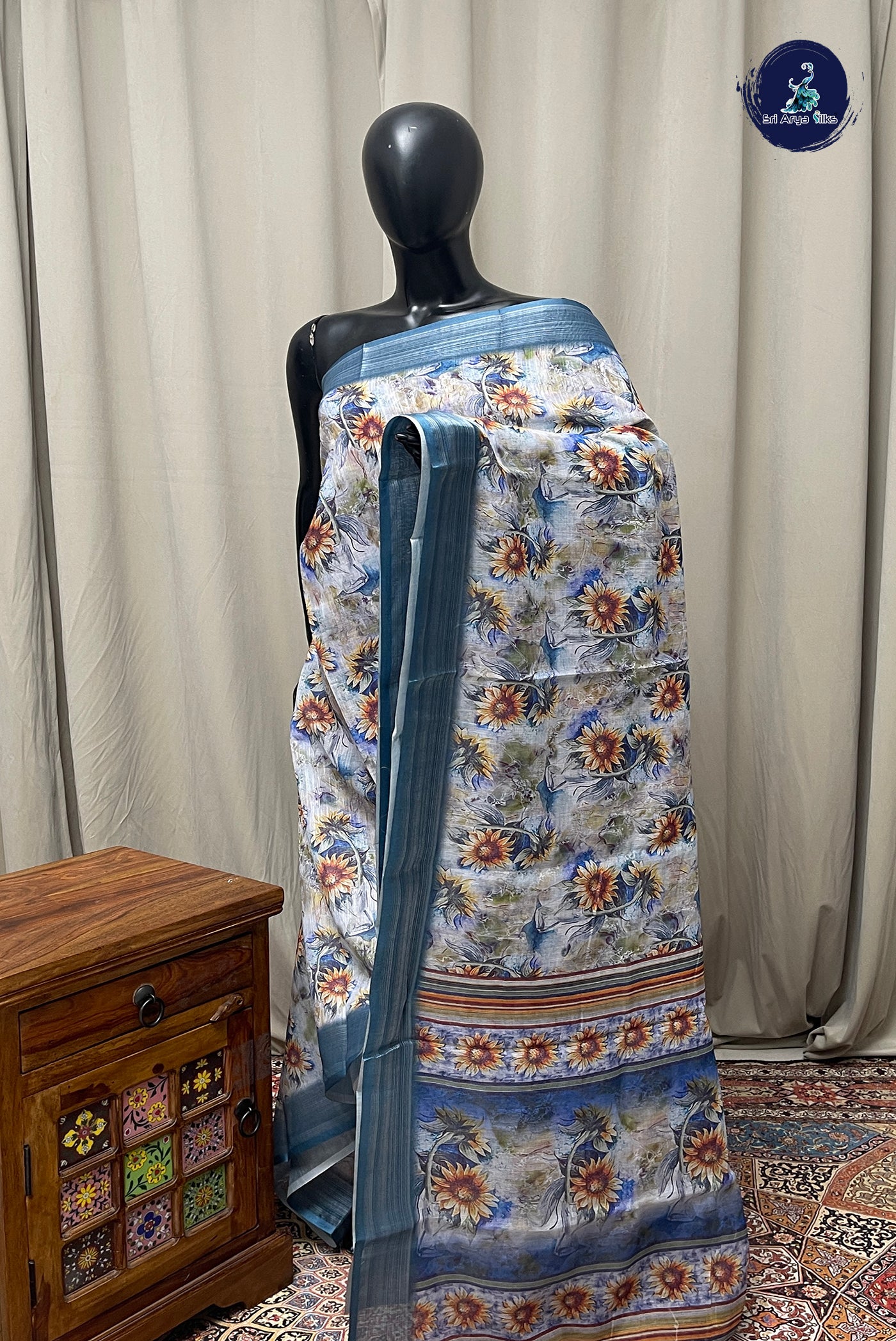 Multi Colour Linen Saree With Printed Pattern