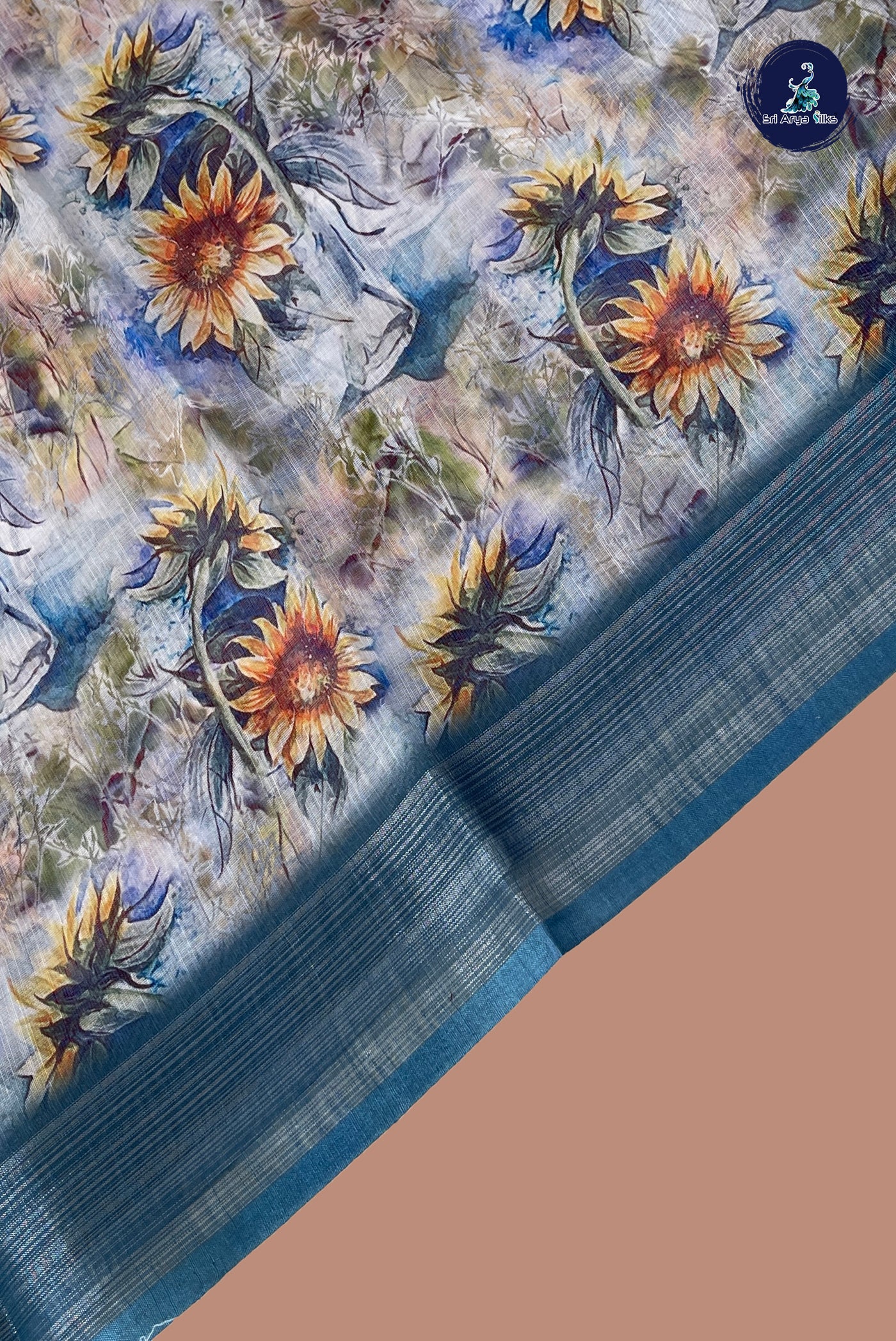 Multi Colour Linen Saree With Printed Pattern