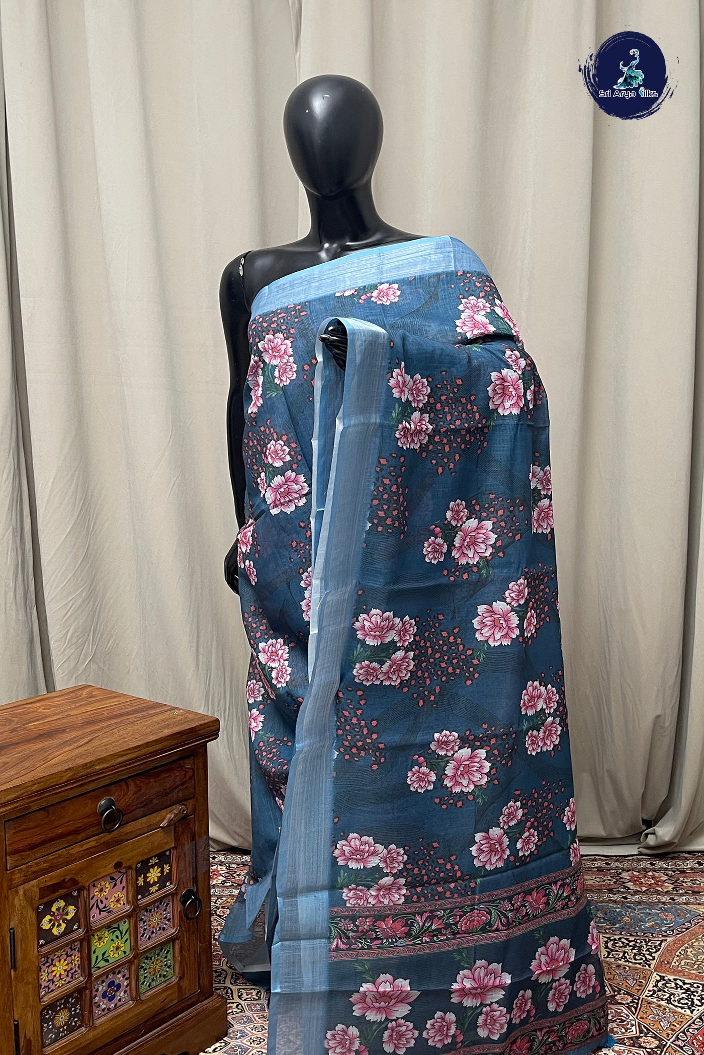 Blue Linen Saree With Printed Pattern