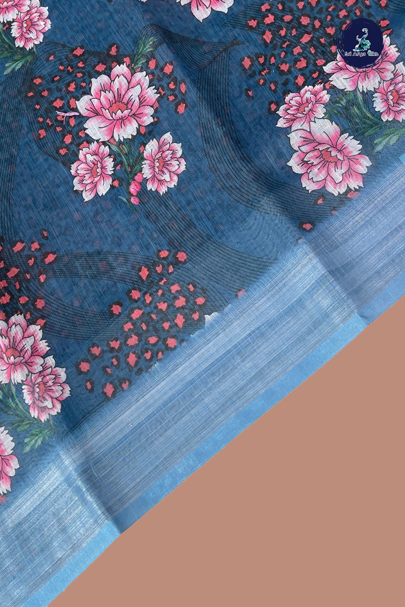 Blue Linen Saree With Printed Pattern