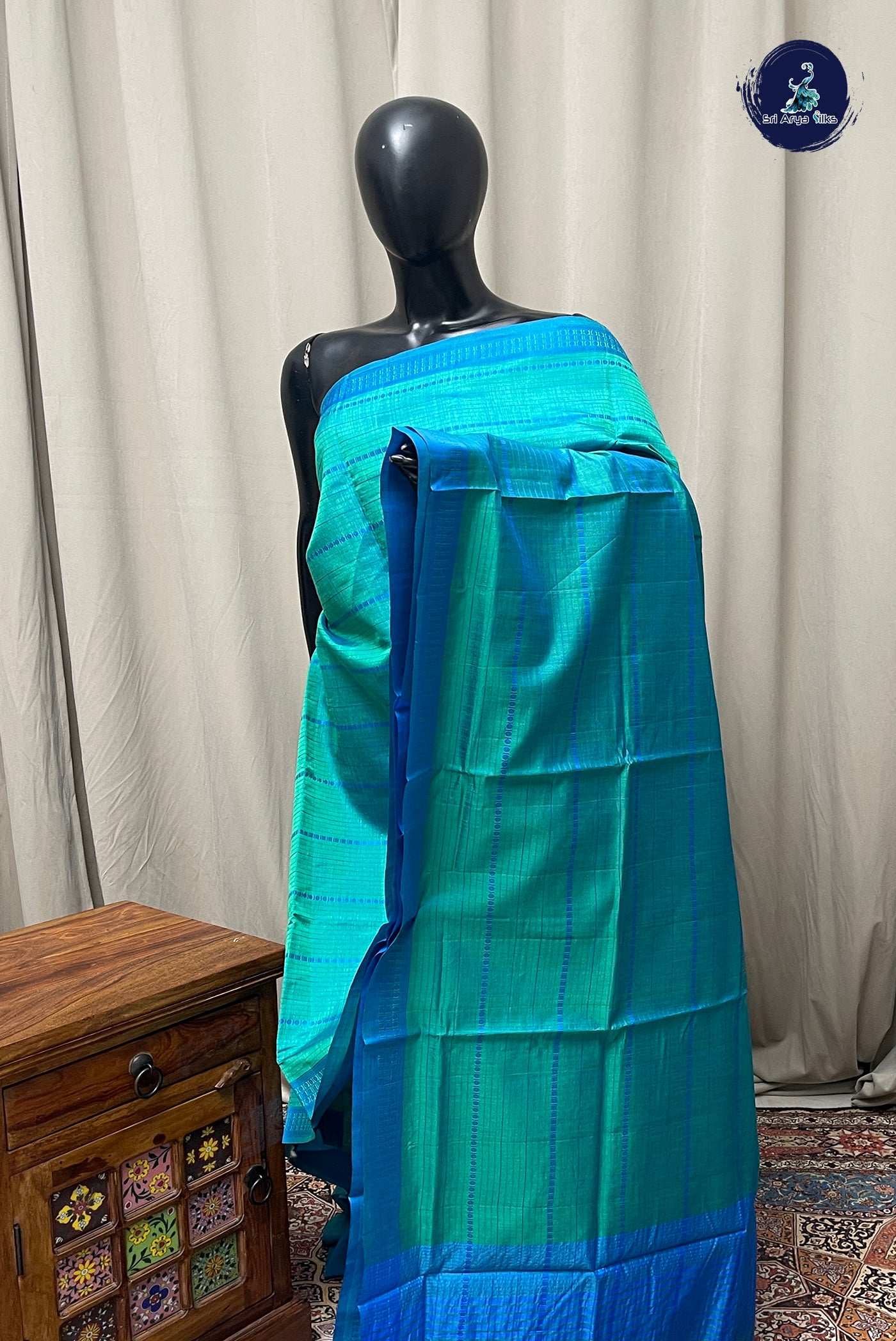 Bluish Green Semi Tussar Saree With Thread Work Pattern