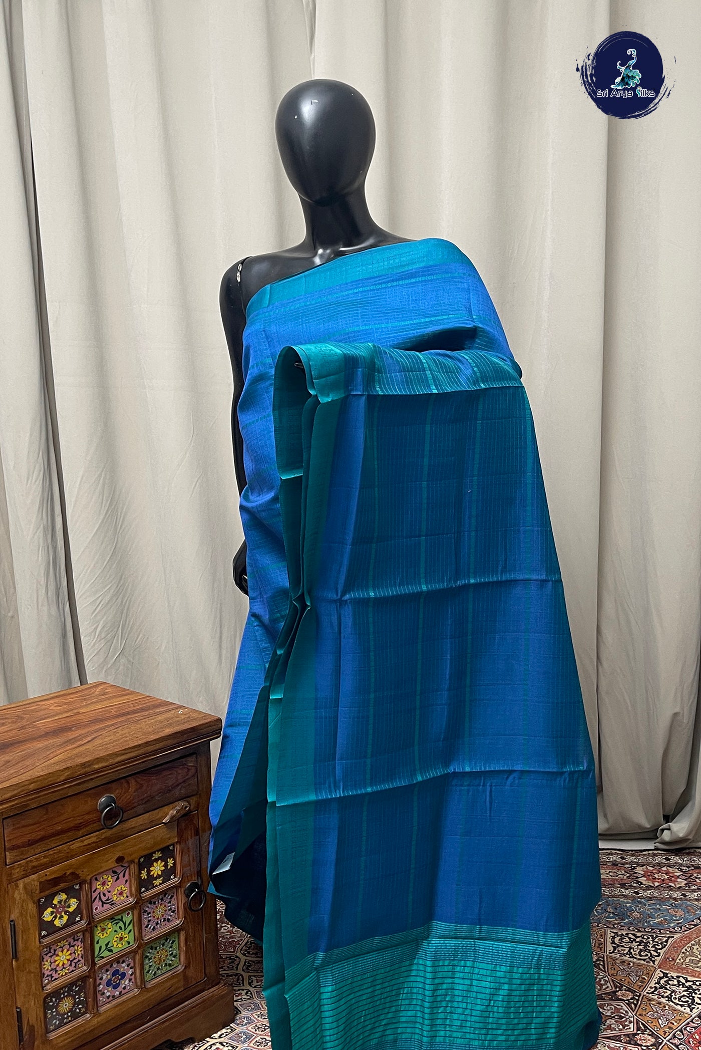 Peacock Blue Semi Tussar Saree With Thread Work Pattern
