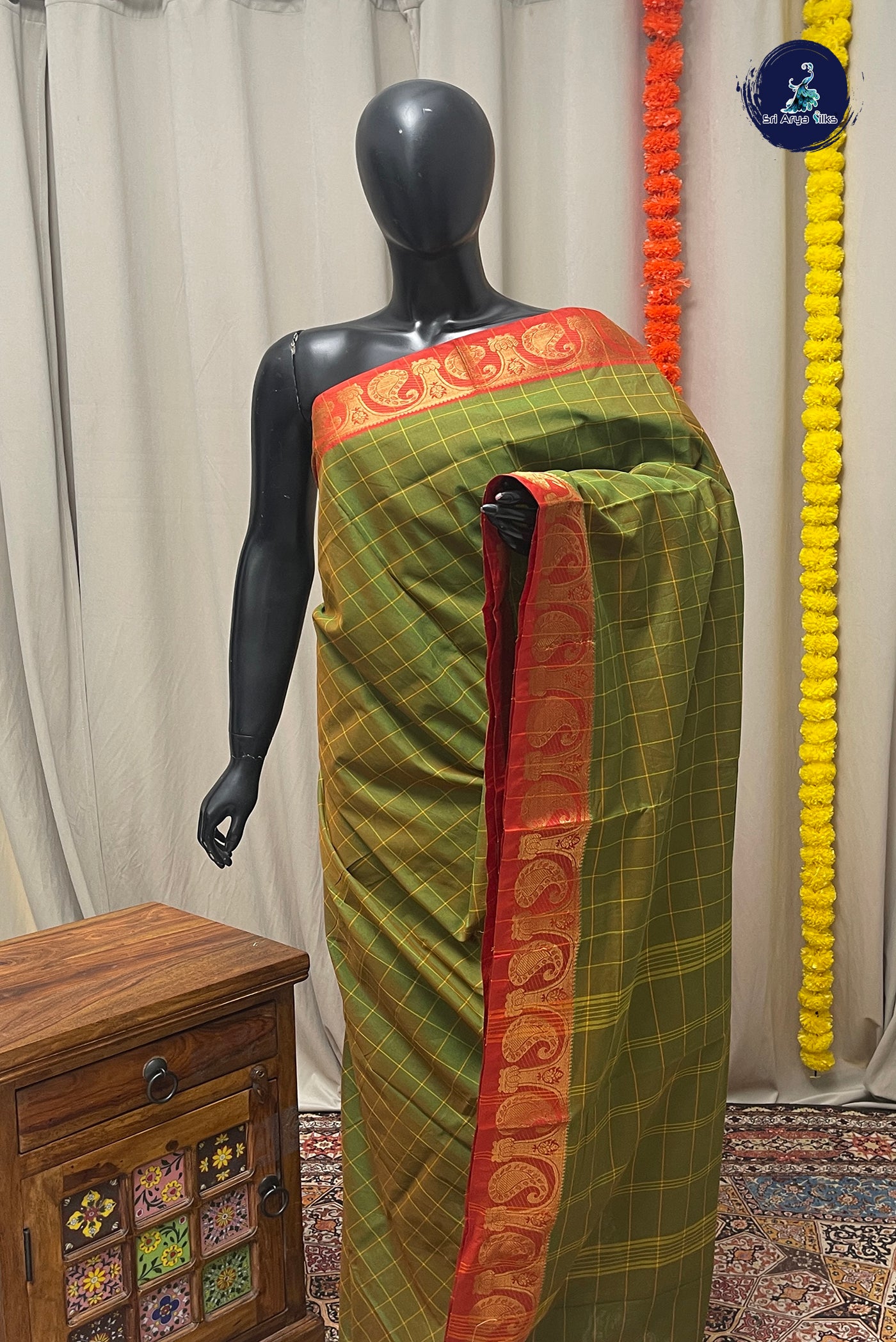 Light Green Chettinad Cotton Saree With Checked Pattern