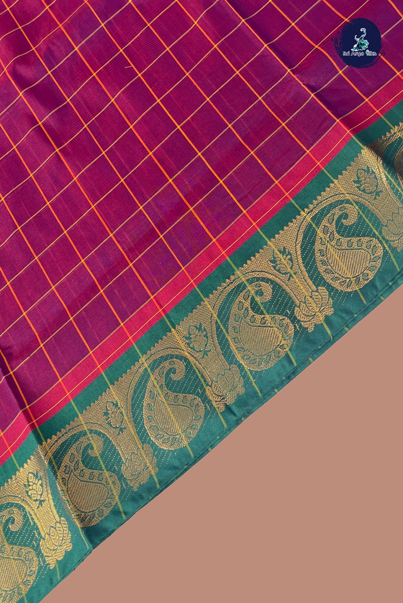 Dual Tone Purple Chettinad Cotton Saree With Checked Pattern