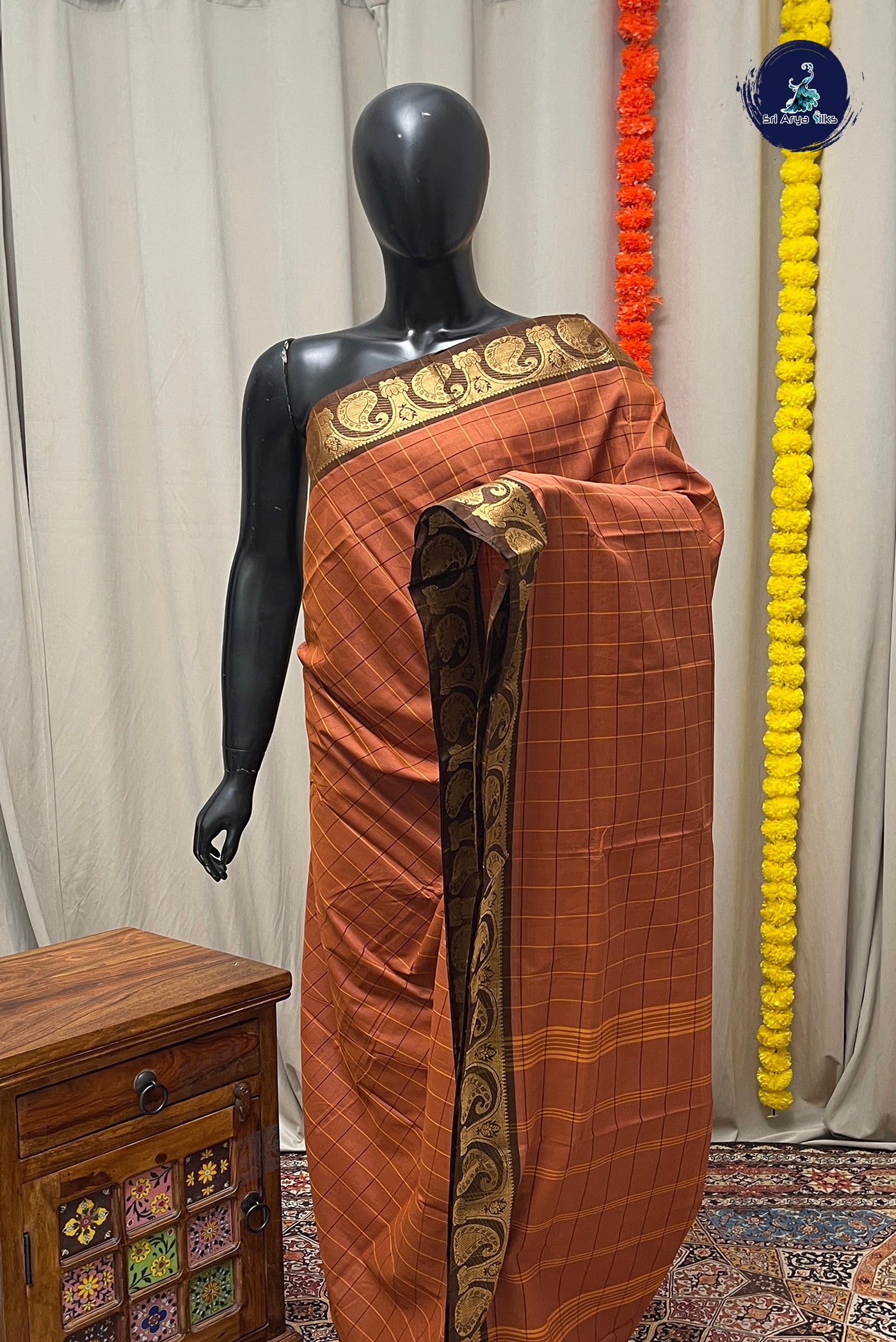 Light Brown Chettinad Cotton Saree With Checked Pattern