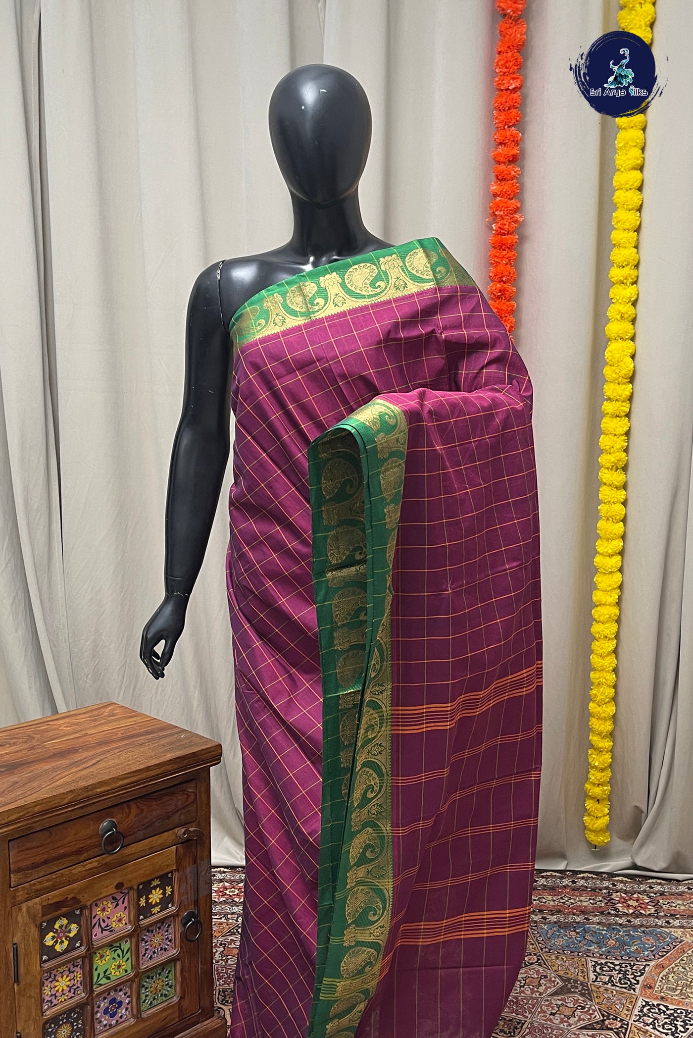Burgundy Chettinad Cotton Saree With Checked Pattern