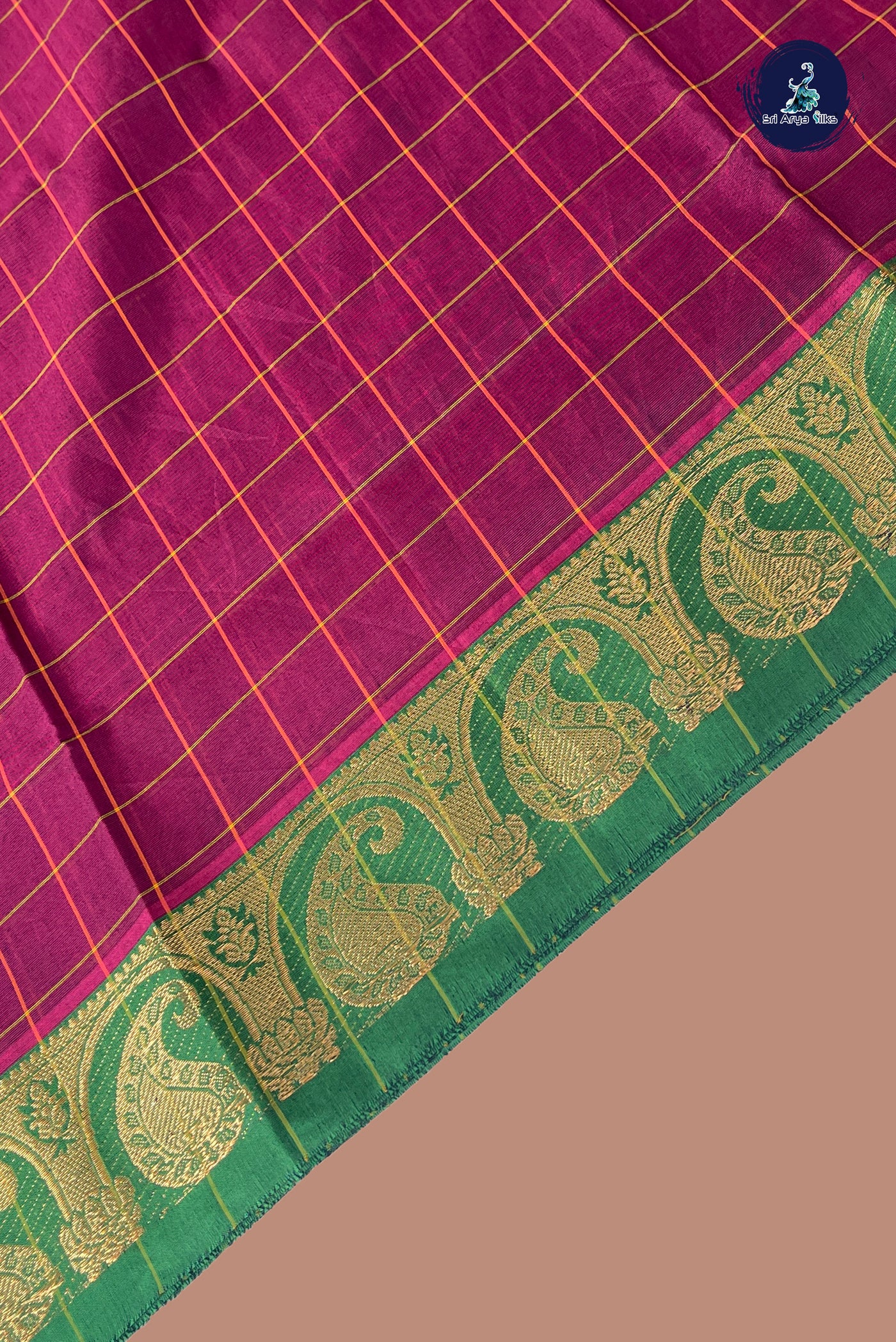 Burgundy Chettinad Cotton Saree With Checked Pattern