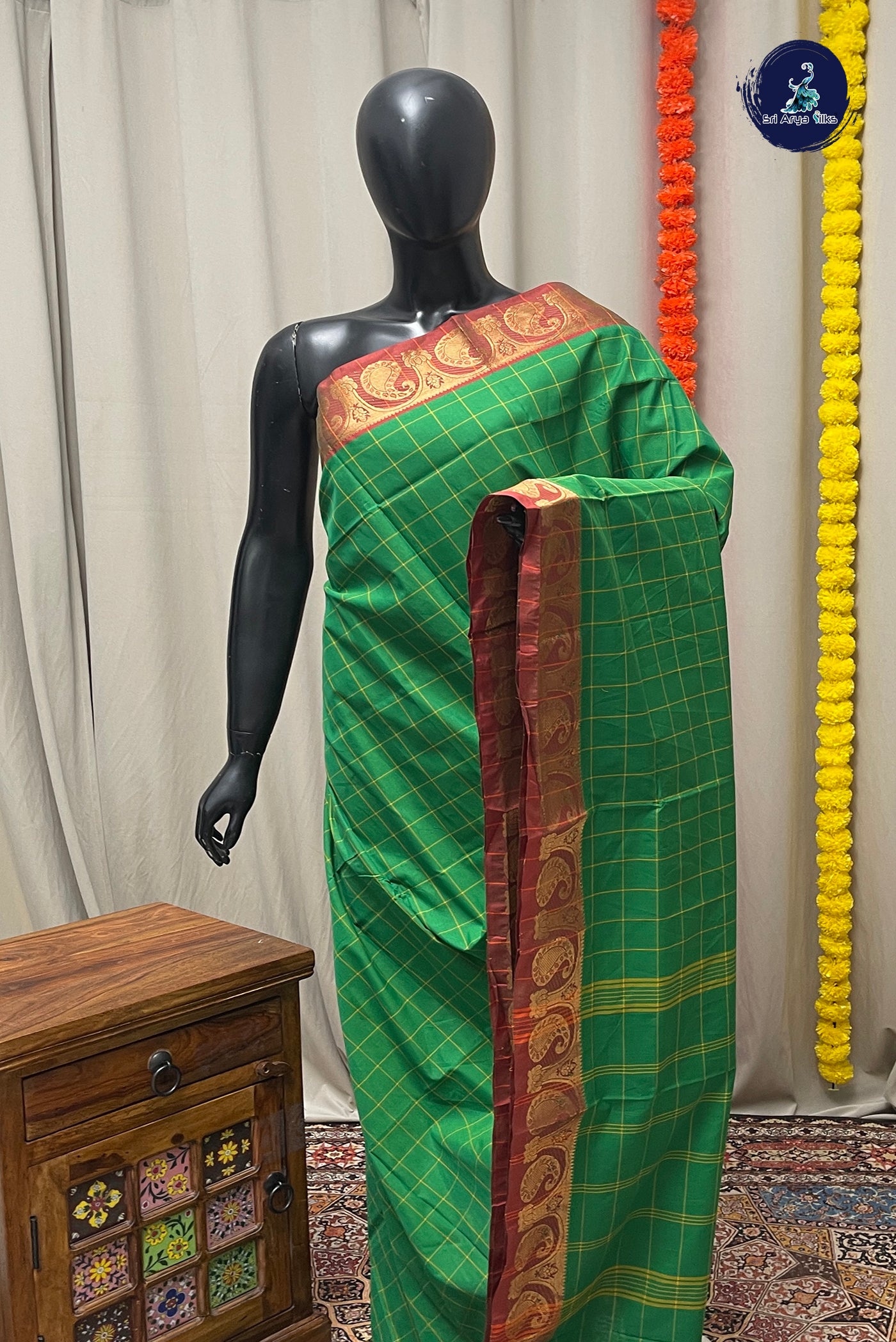 Green Chettinad Cotton Saree With Checked Pattern