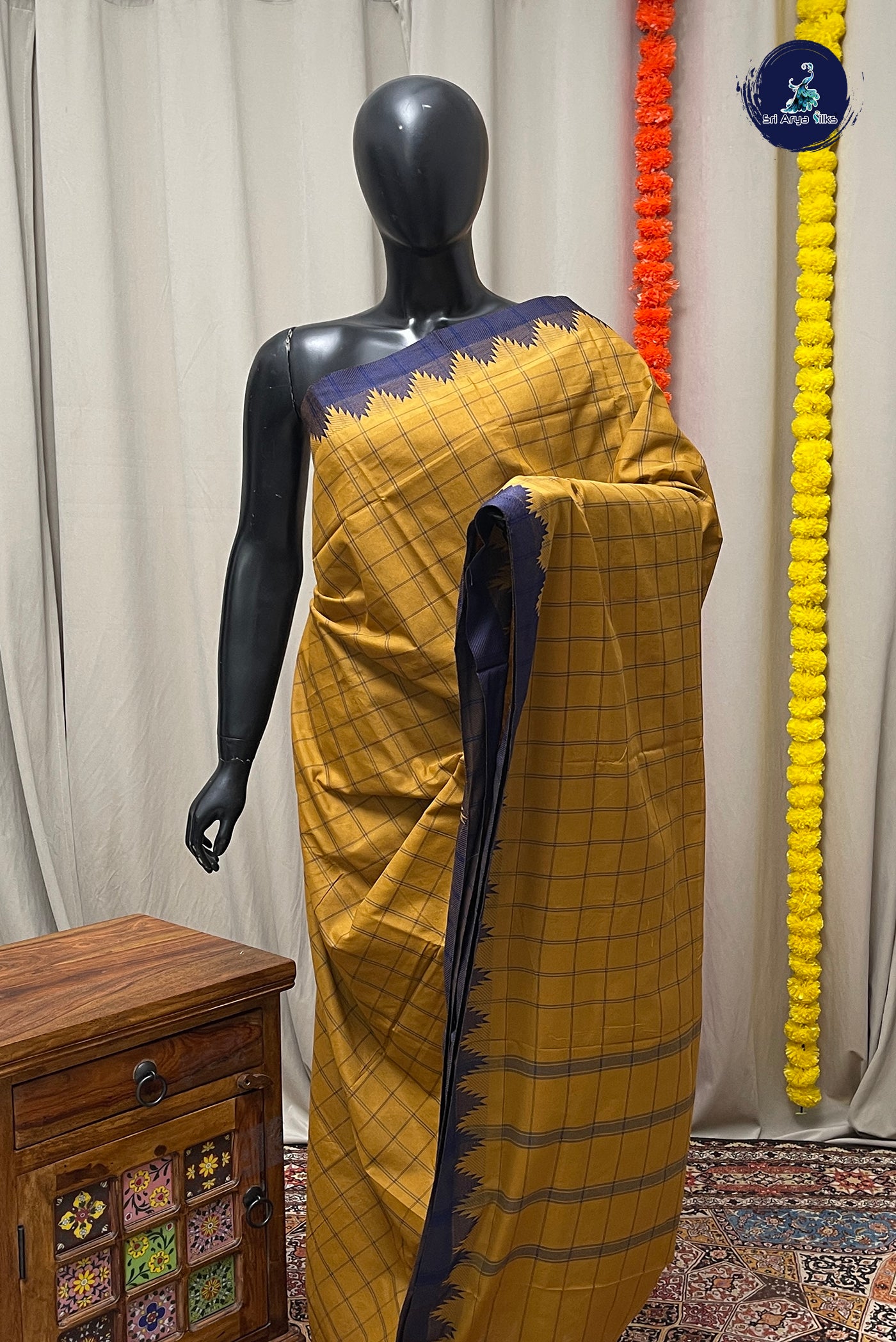 Mustard Yellow Chettinad Cotton Saree With Checked Pattern