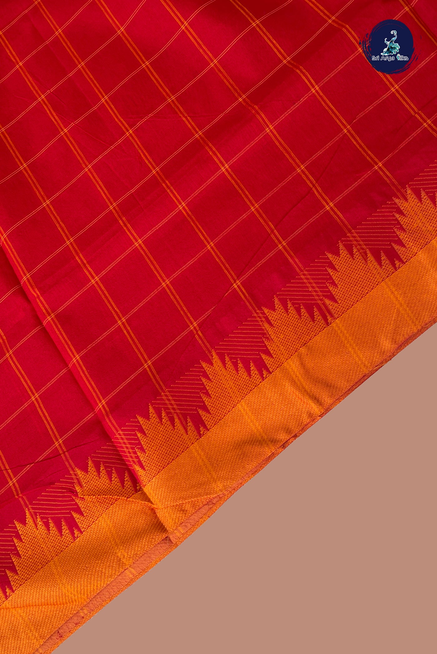 Red Chettinad Cotton Saree With Checked Pattern