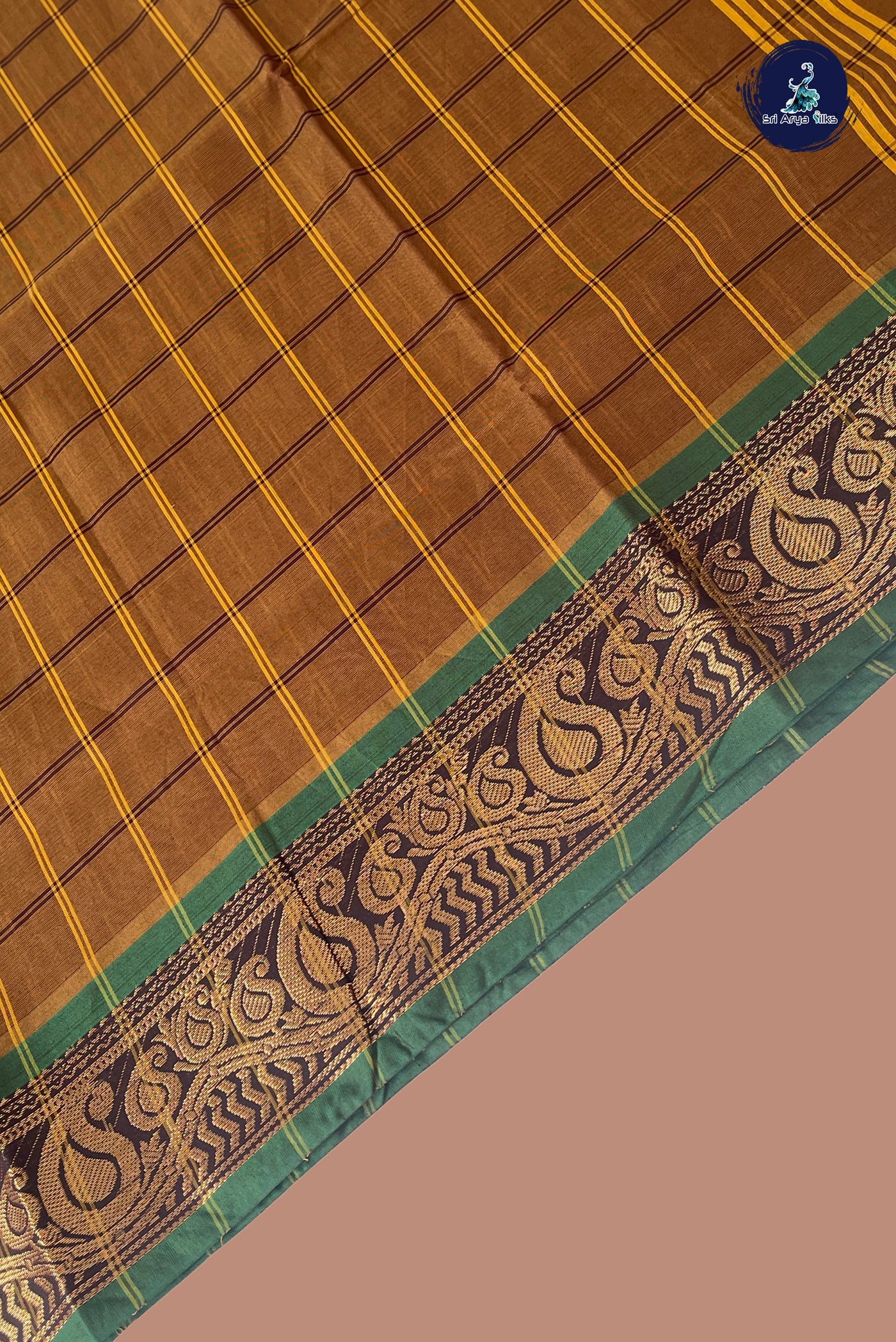 Honey Brown Chettinad Cotton Saree With Checked Pattern